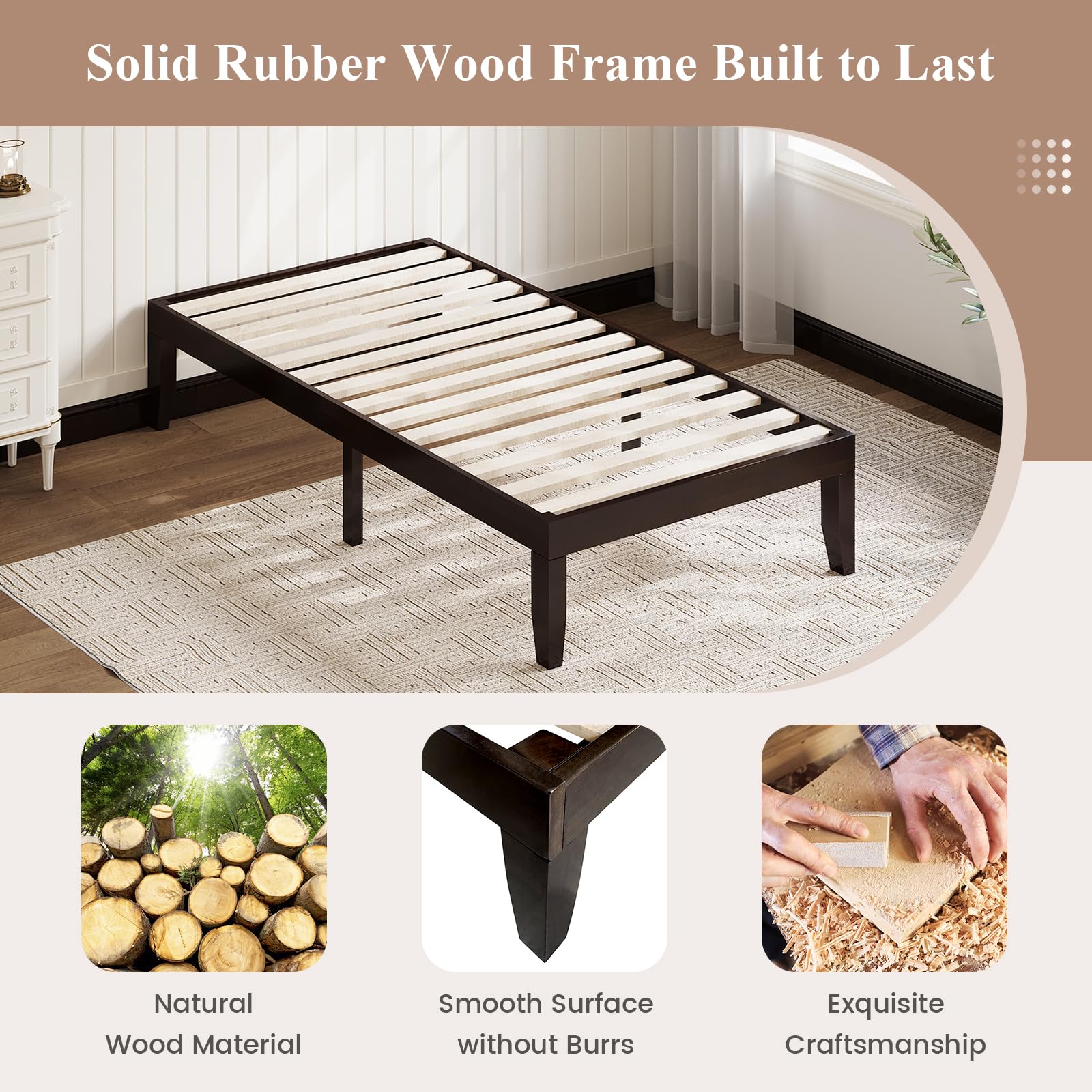 14 Inches Wood Platform Bed Frame, Solid Wood Mattress Foundation with Rubber Wood Frame