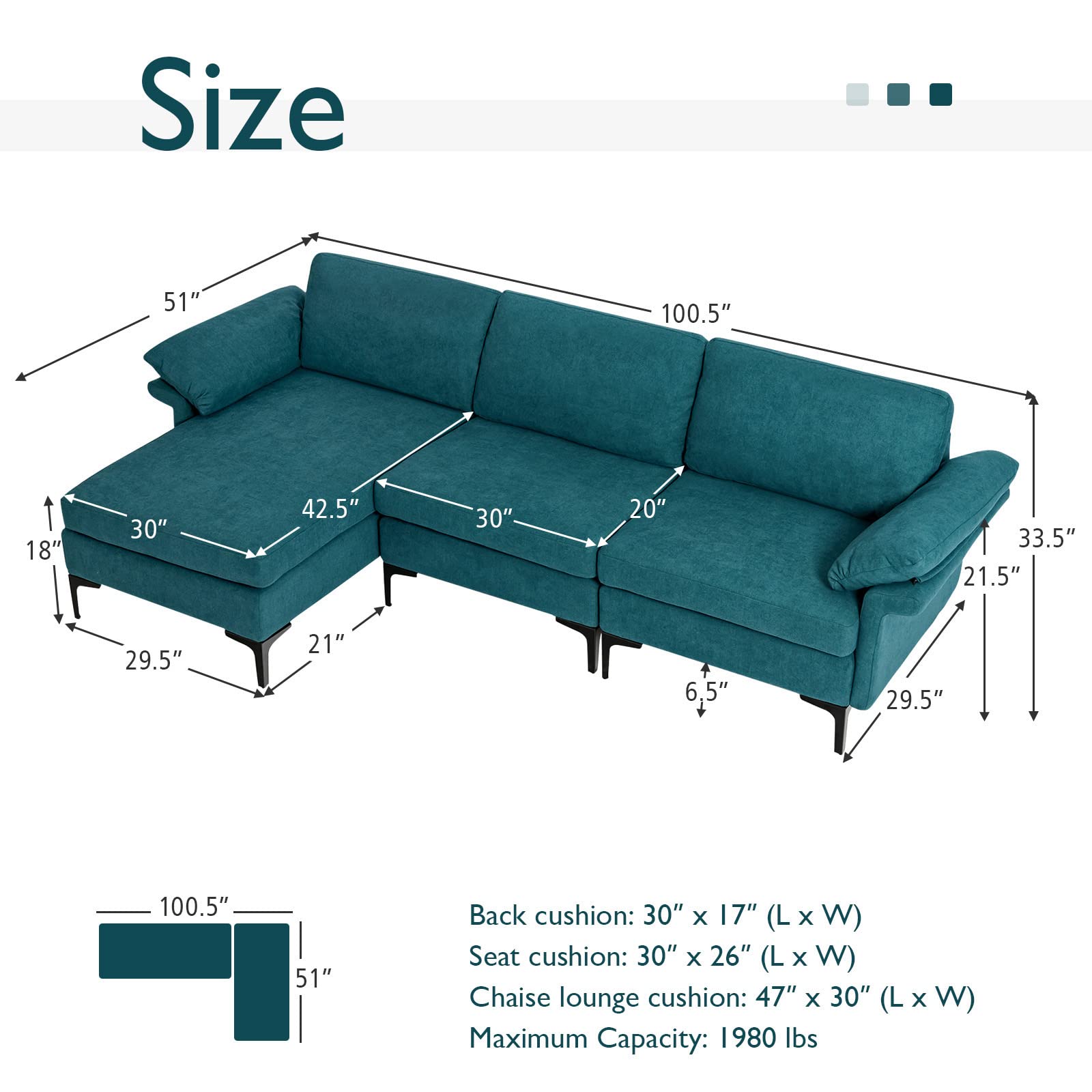 100.5 Inch Convertible L-Shaped Sectional Sofa Couch, 3-Seat Sofa with Reversible Chaise Lounge