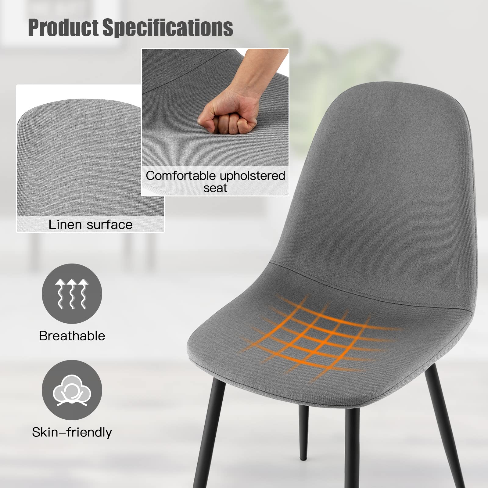 Modern Dining Chairs Set of 4 - Classic Comfy Upholstered 17&rdquo; High Backrest Linen Dining Room Chairs