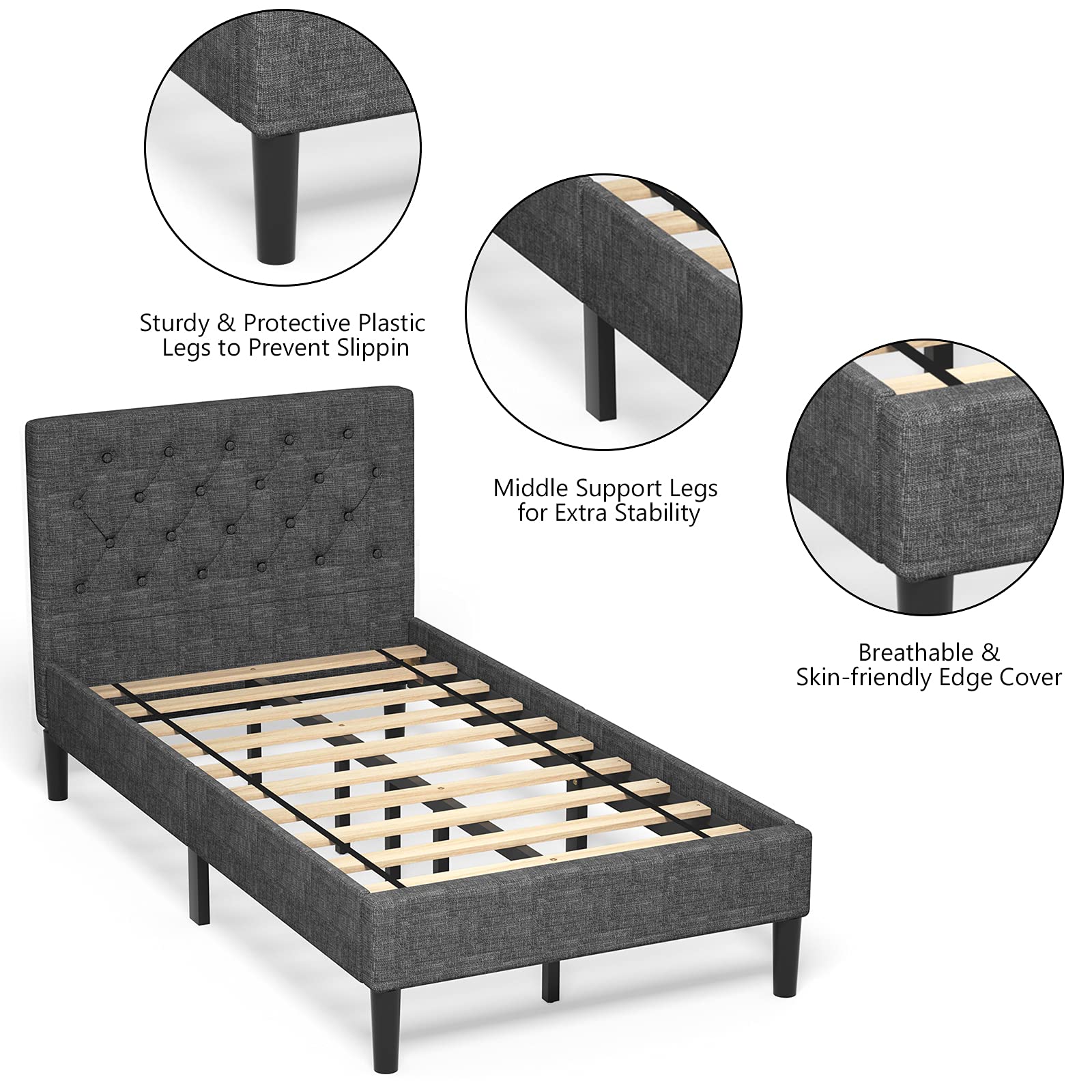 Twin Size Upholstered Bed Frame with Button Tufted Headboard