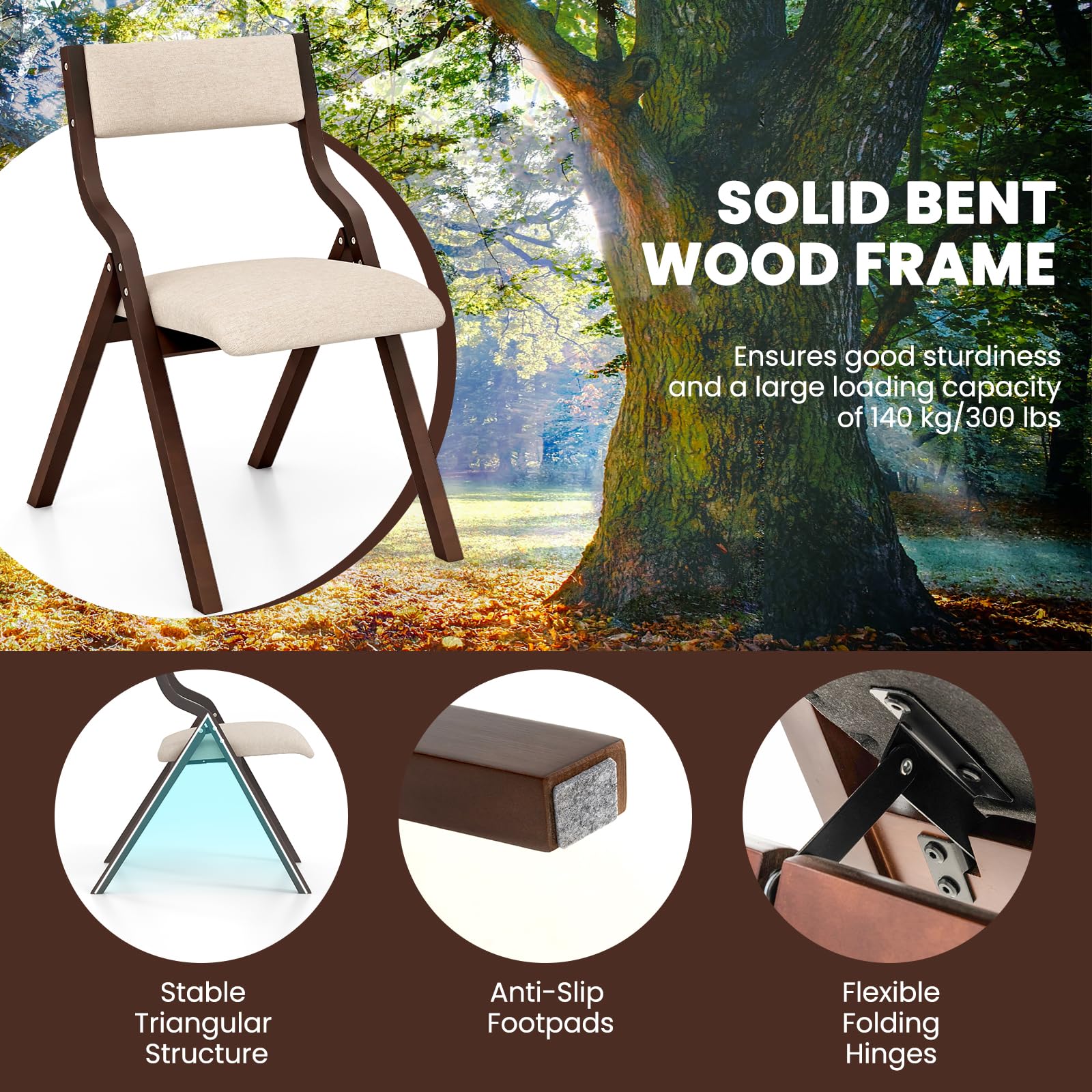 Folding Dining Chairs Set of 2/4, Foldable Chairs with Padded Seat and Solid Wood Frame