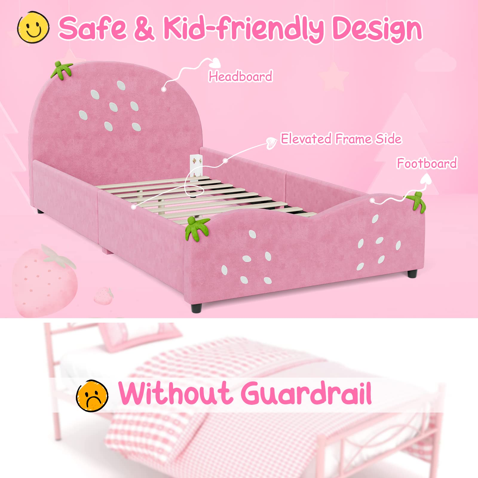 Kids Twin Bed Frame with Headboard, Toddler Upholstered Platform Bed with Slatted Bed Base