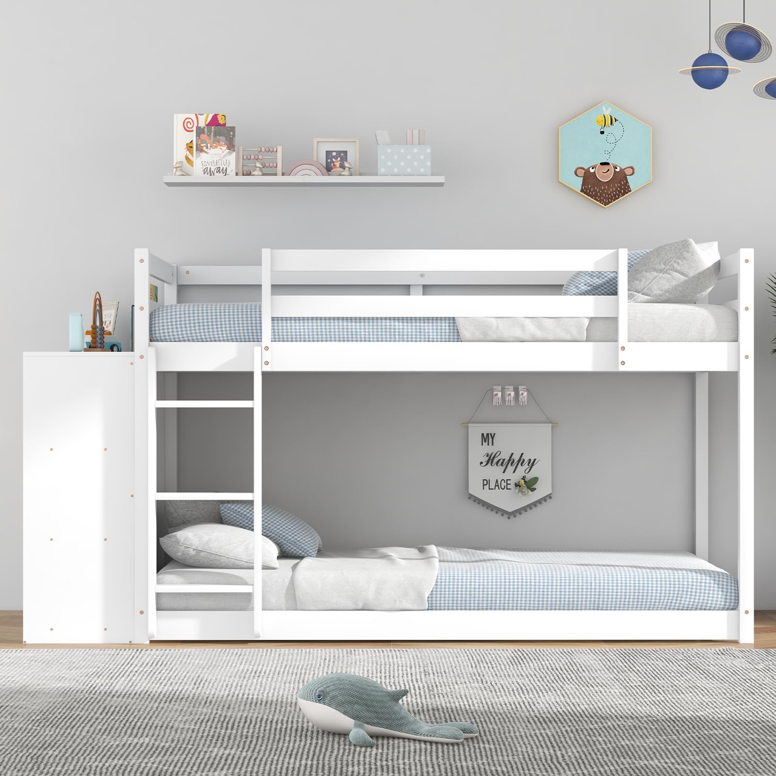Twin Over Twin Bunk Bed with Storage Cabinet & Shelves, Convertible Bookcase