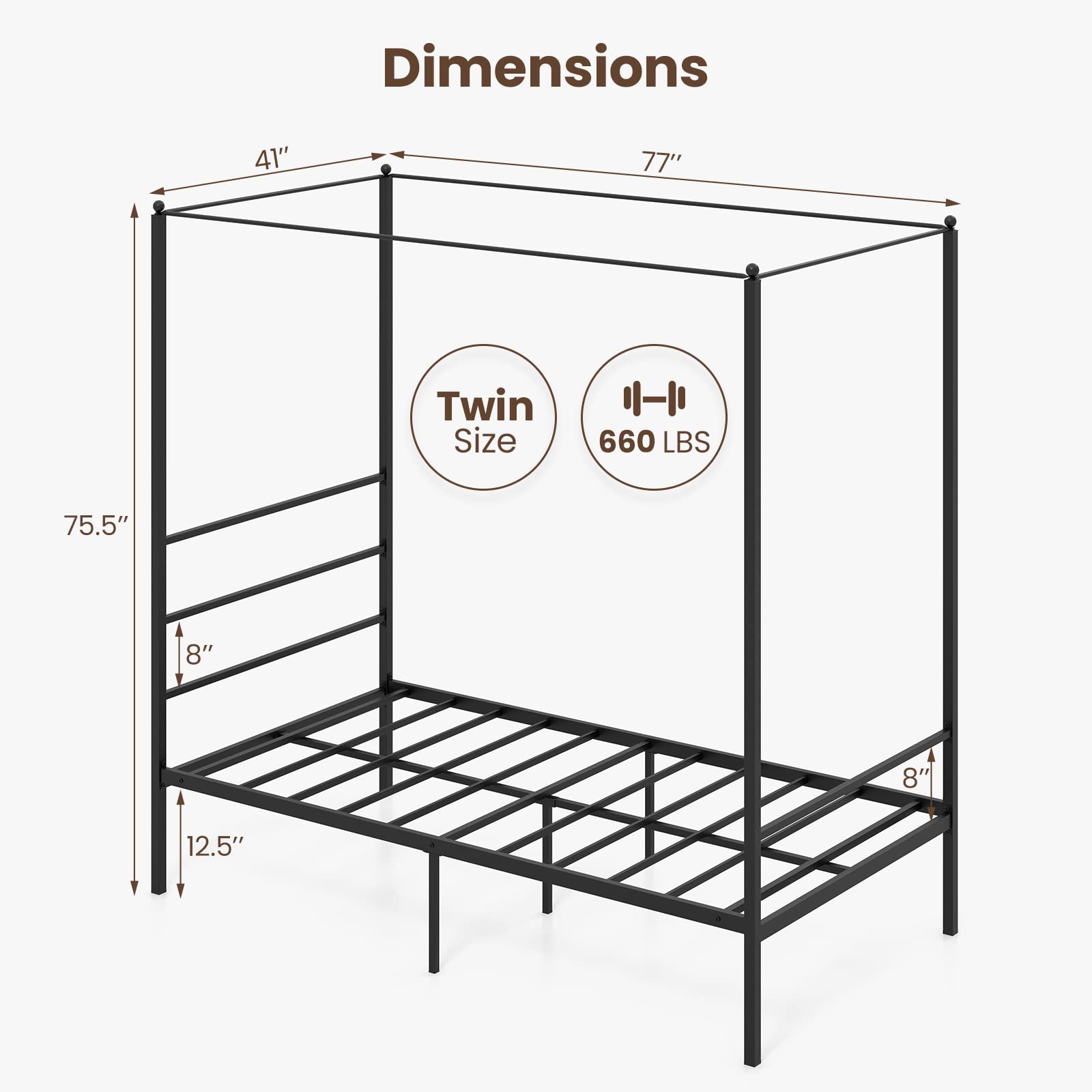 Metal Canopy Bunk Bed, Modern 4 Poster Canopied Platform Bed with Headboard