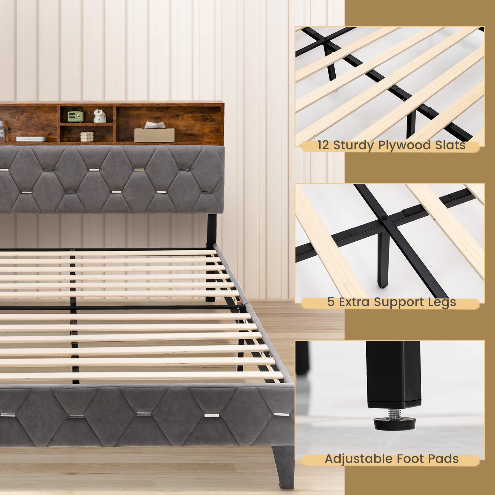 Upholstered Full/Queen Bed Frame with Storage Headboard, Platform Bed Frame
