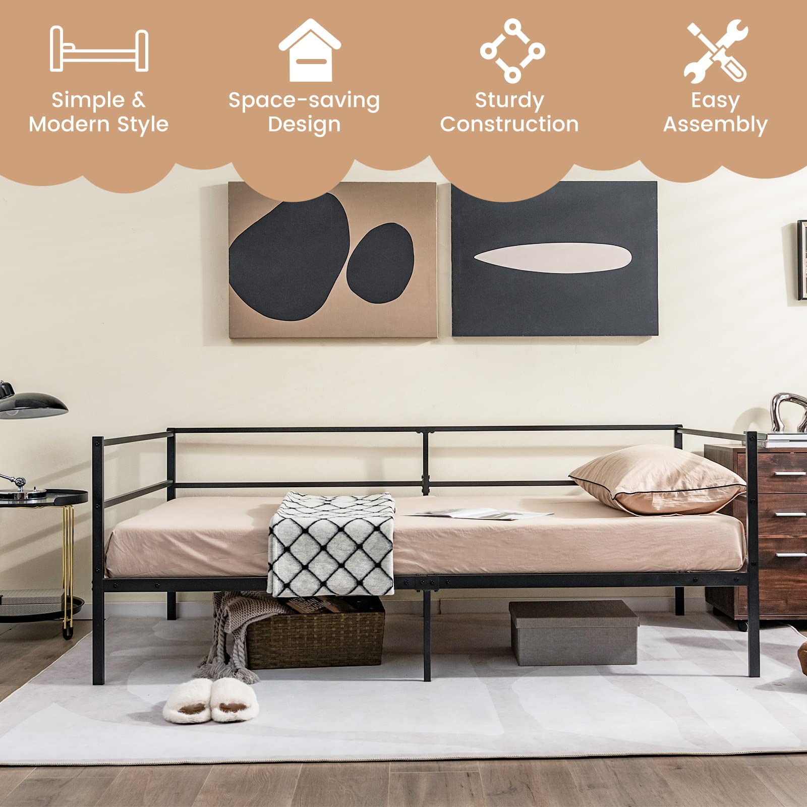 Twin Size Metal Daybed with Metal Slat Support & 3-Sided Guardrails
