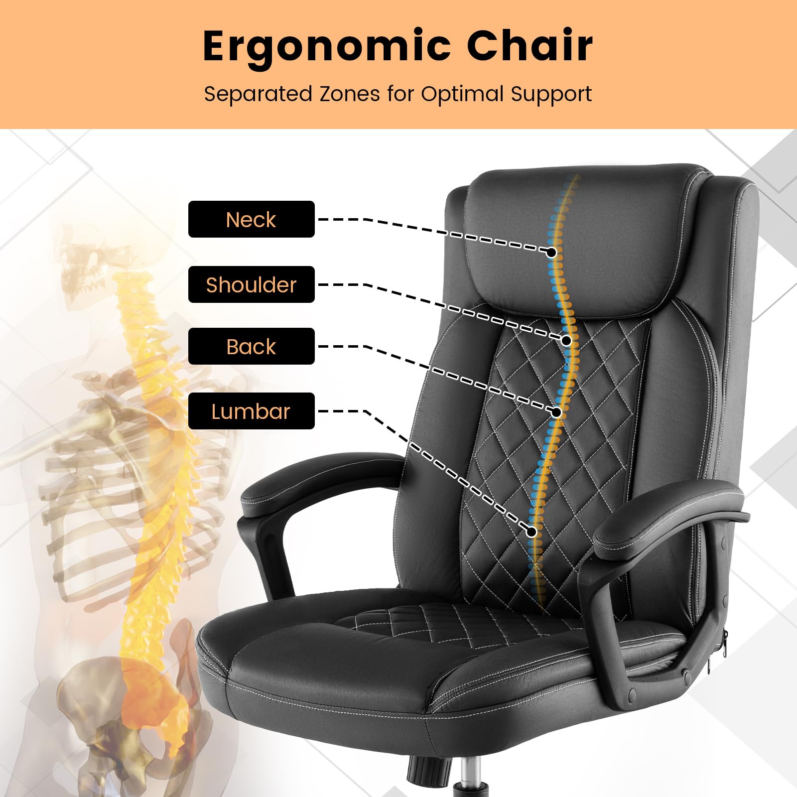 Executive Office Chair, Leather Like Desk Chair with Thick Headrest Cushion & Padded Armrests