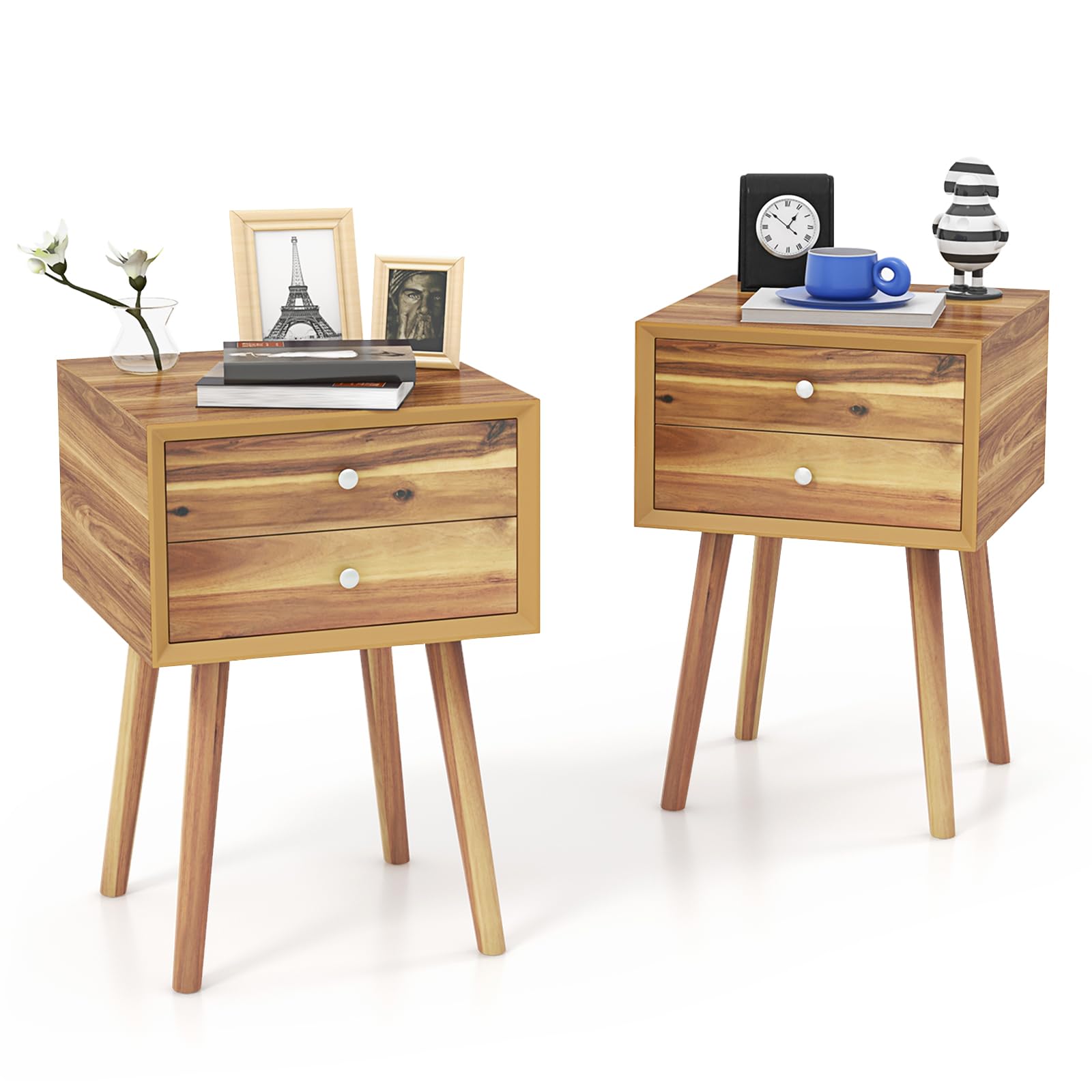 2-Drawer Nightstand, Mid-Century Modern Bed Side Table with Storage