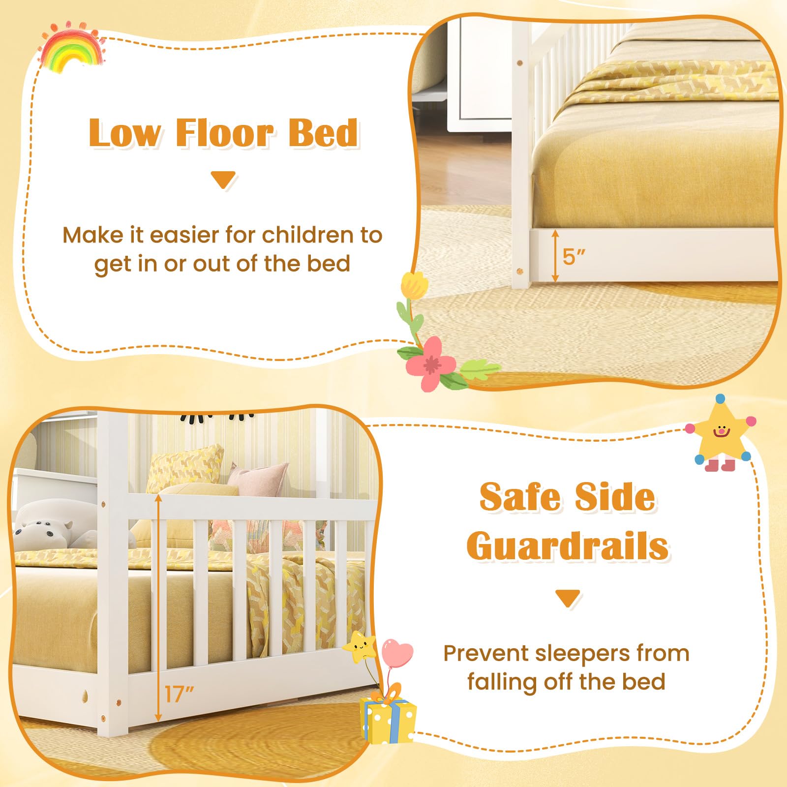 Double Twin Floor Beds for 2 Kids, Wood Twin Size House Beds with Safety Guardrails