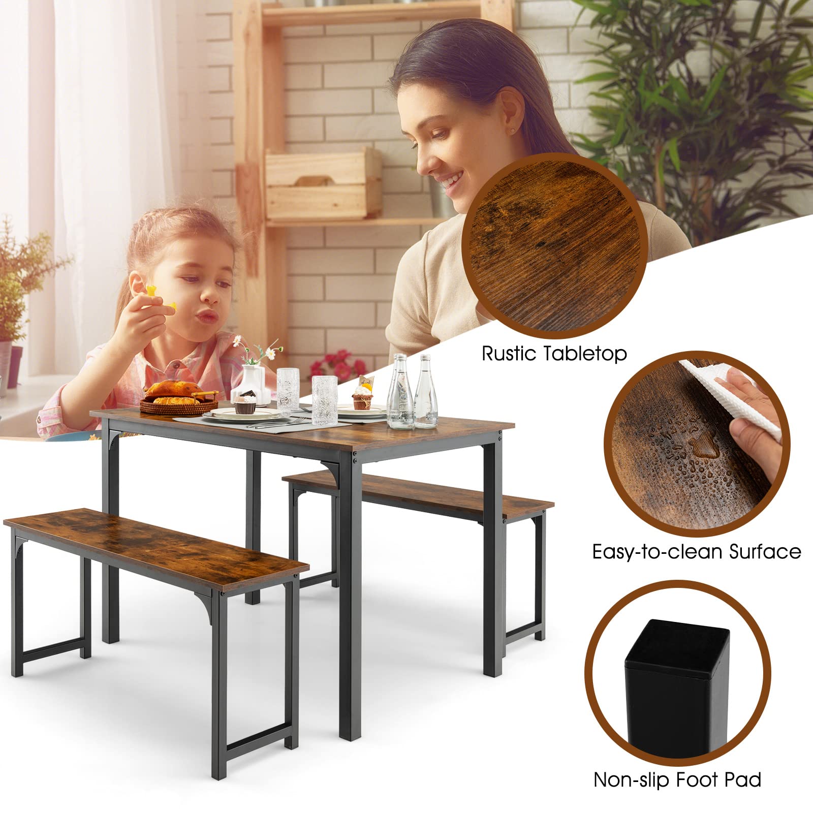 Dining Table Set for 4, 3-Piece Kitchen Table with 2 Benches