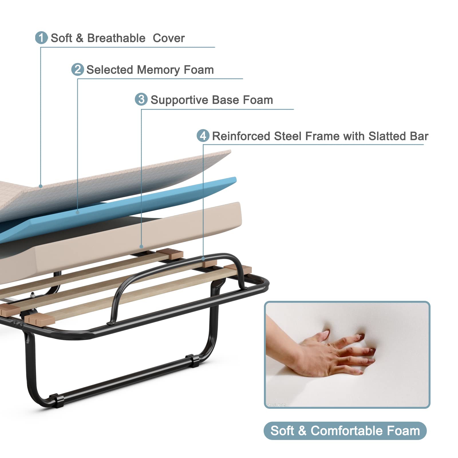 Portable Folding Rollaway Bed with Steel Frame & Memory Foam Mattress