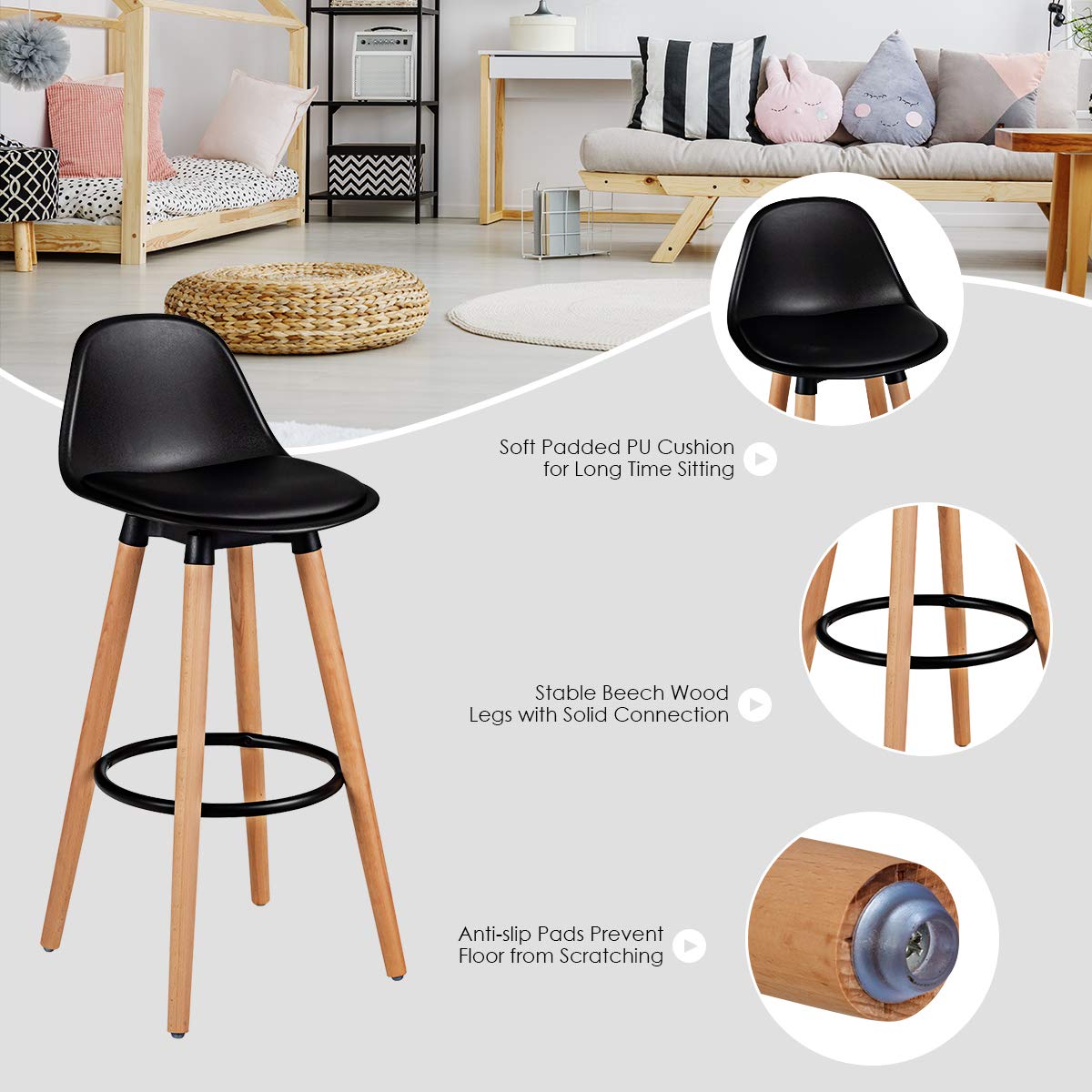 Bar Stools Set of 2/4, Modern Armless Kitchen Stool with Soft PU Leather Seat