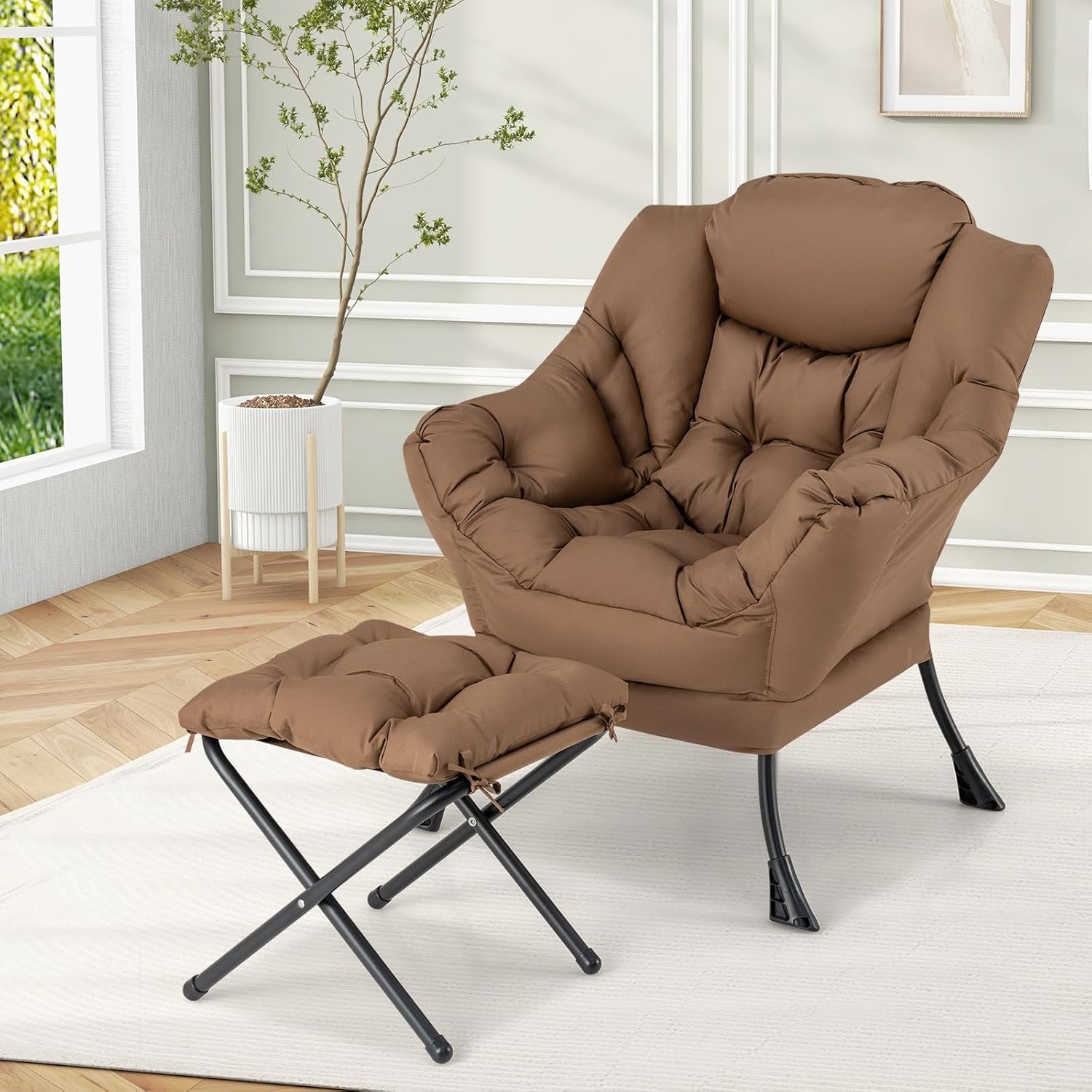 Lazy Sofa Chair with Ottoman, Upholstered Leisure Lounge Armchair with Folding Footrest, Side Storage Pocket