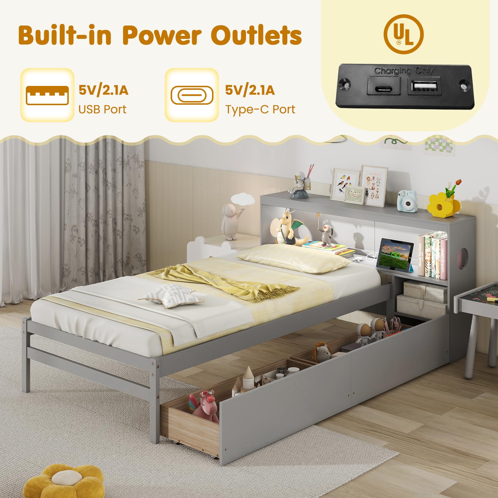 Wood Twin Bed Frame with Storage Drawer & Headboard, Modern Platform Bed with Charging Station & LED Light