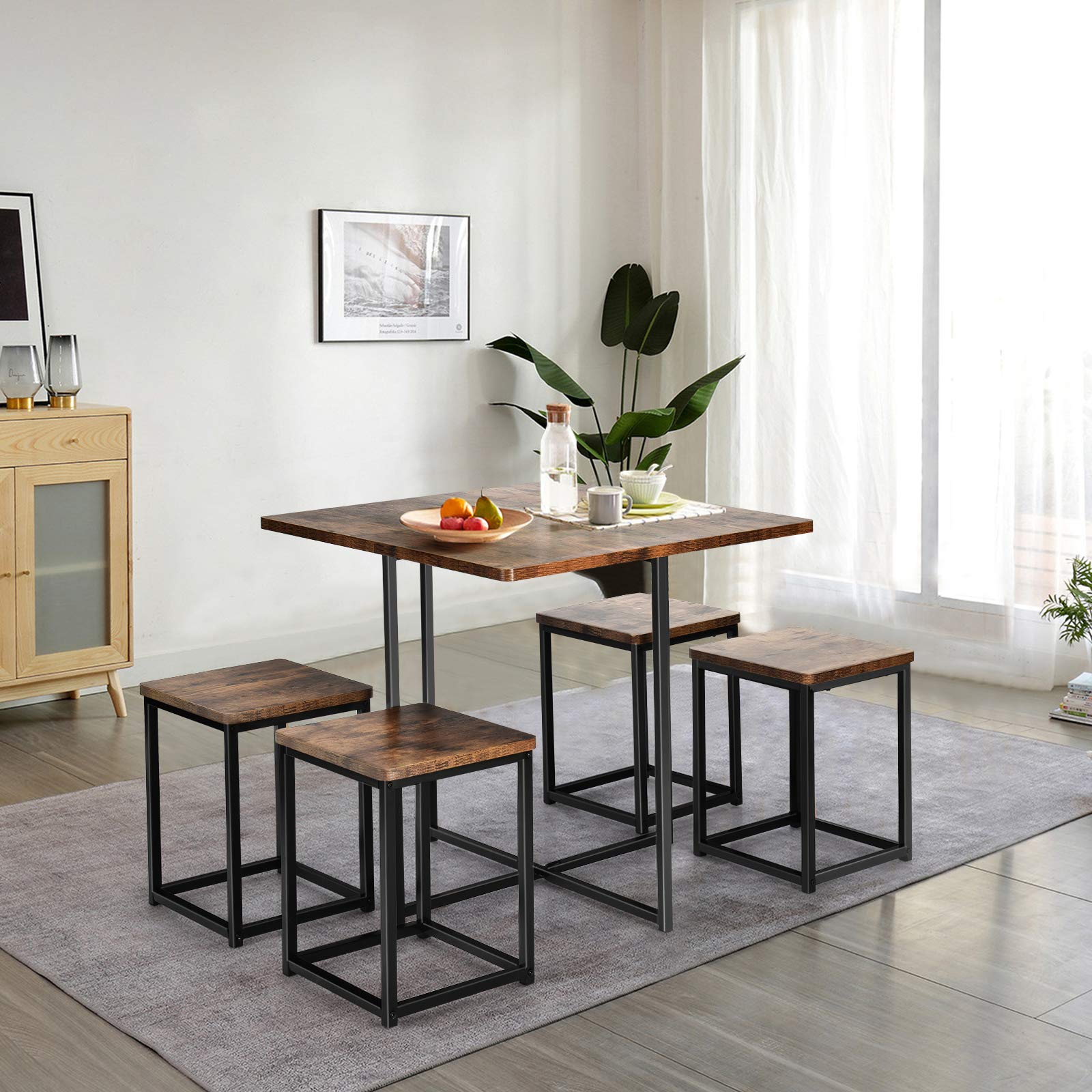 5 Piece Dining Table Set, Counter Kitchen Table and Chair Set for 4 Includes 1 Square Table and 4 Stools