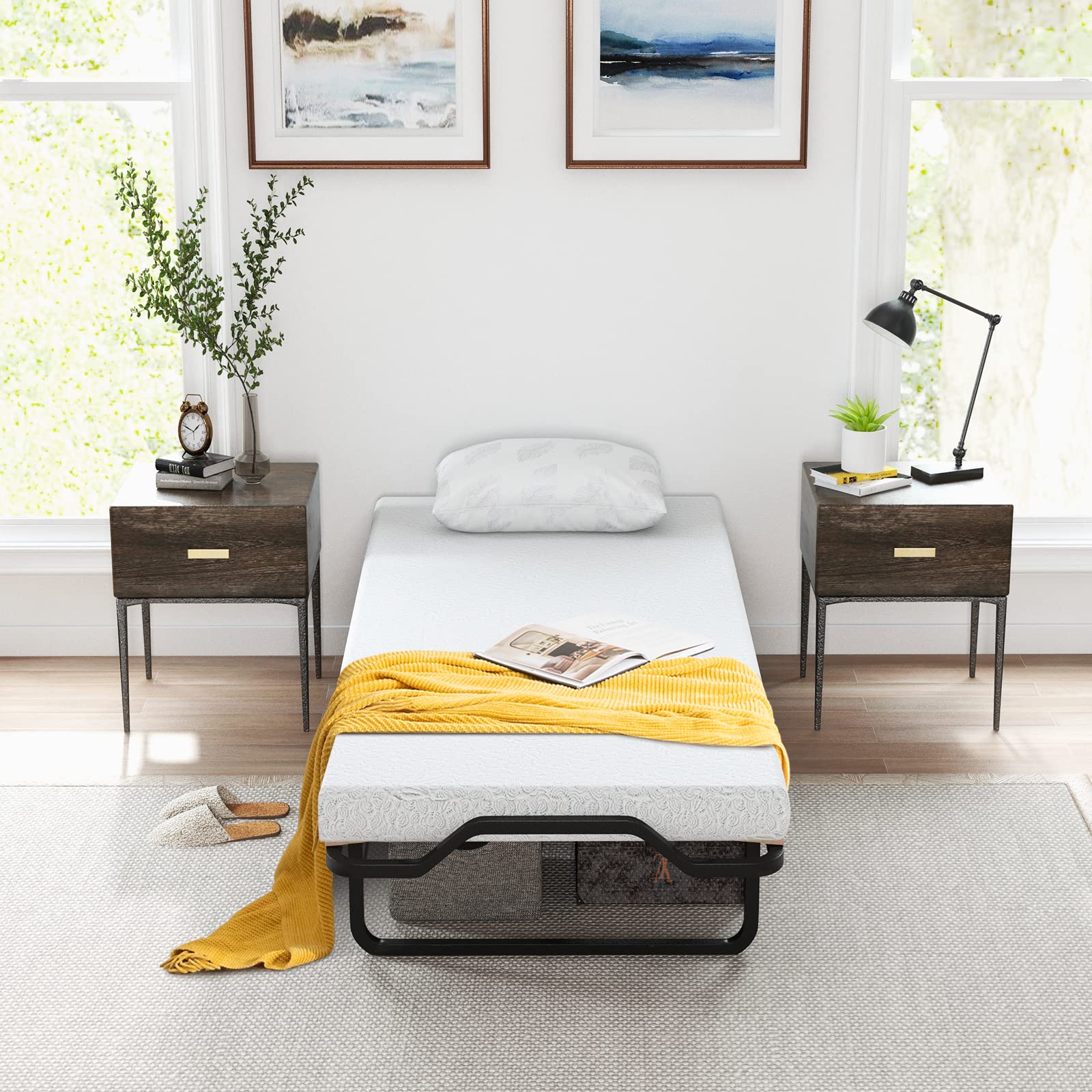 Folding Bed with 4 Inch Mattress for Adults, Cot Size Rollaway Guest Bed w/Memory Foam Mattress & Solid Wood Slats
