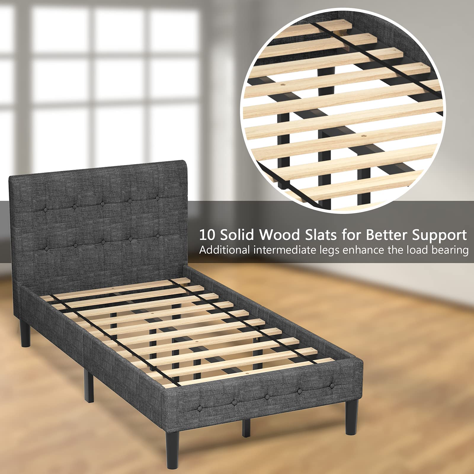 Upholstered Bed Frame with Button Tufted Headboard