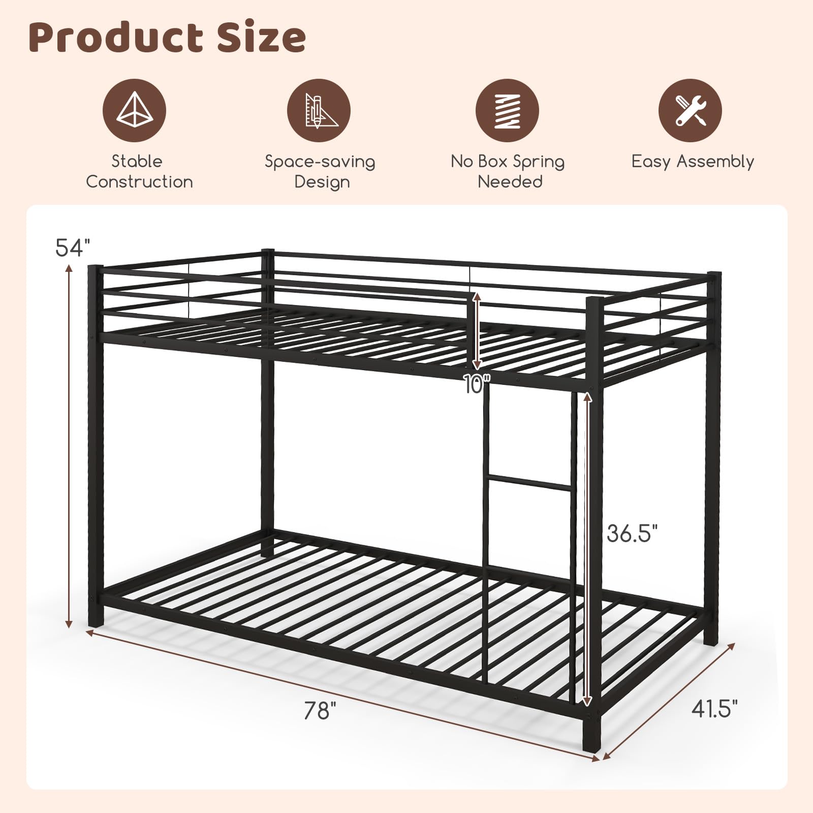 Twin Over Twin Metal Low Profile Bunk Bed with Safety Guard Rails & Side Ladder