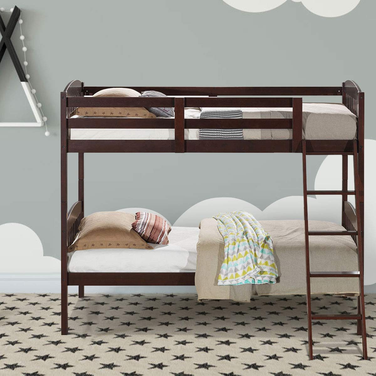 Twin Over Twin Bunk Beds, Convertible Into Two Individual Solid Rubberwood Beds
