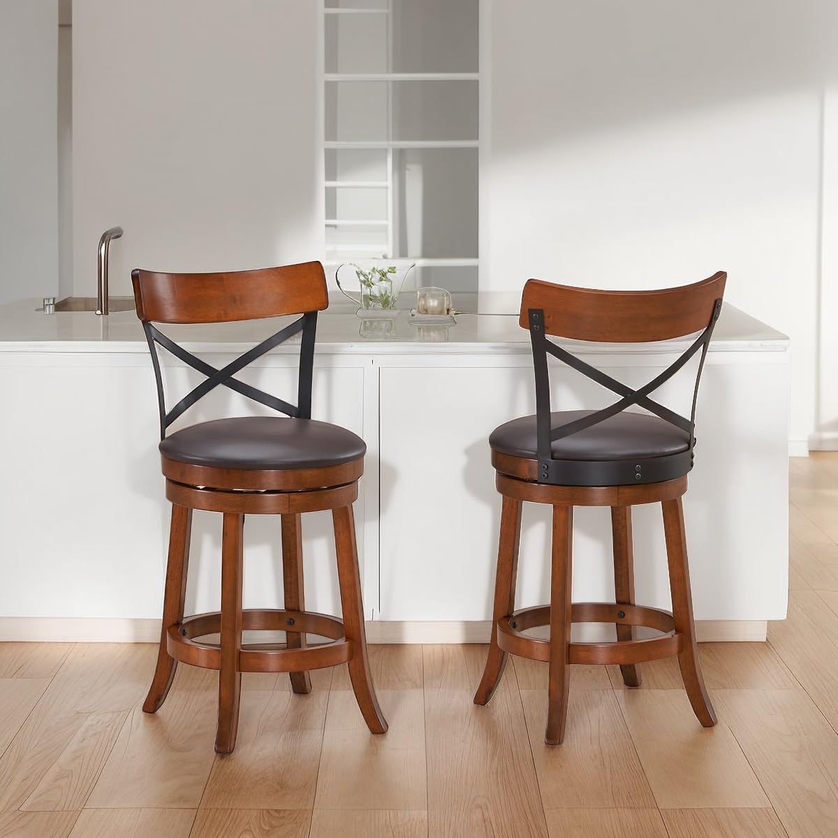 360-Degree Swivel Solid Wood  Bar Stool Set of 2/4 with Soft Cushion & Backrest