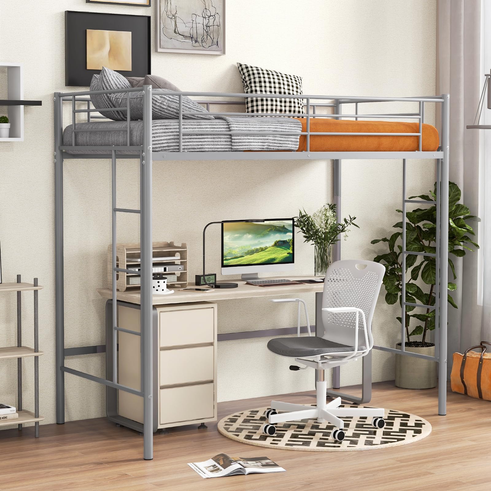 Twin Size Metal Loft Bed with Both Side Ladders & Safety Guardrails