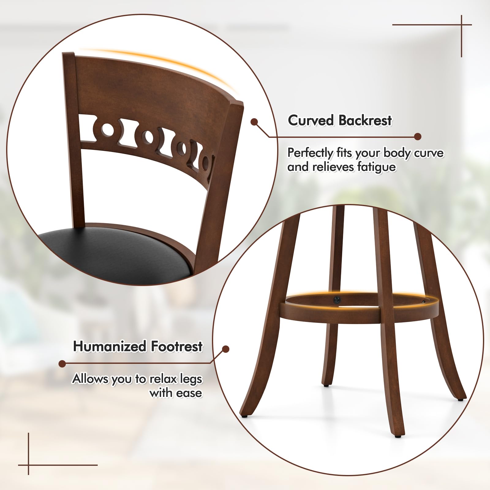 Swivel Bar Stools Set of 2/4, Bar Chairs with Back, Rubber Wood Frame