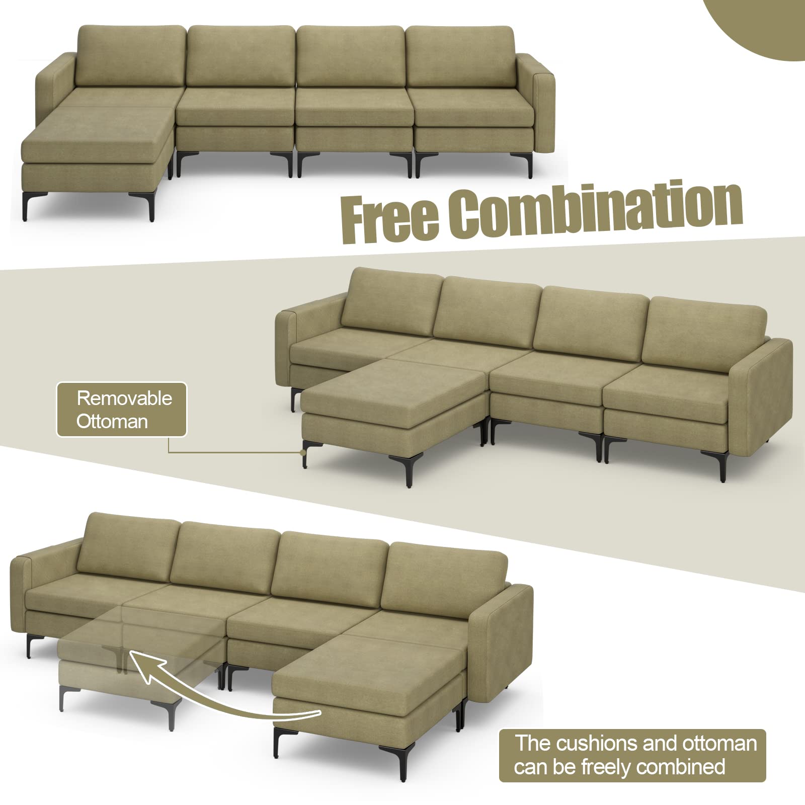 4 Seat Convertible L-Shaped Sofa Couch, 123 Inch Sectional Sleeper with 2 USB Ports Socket
