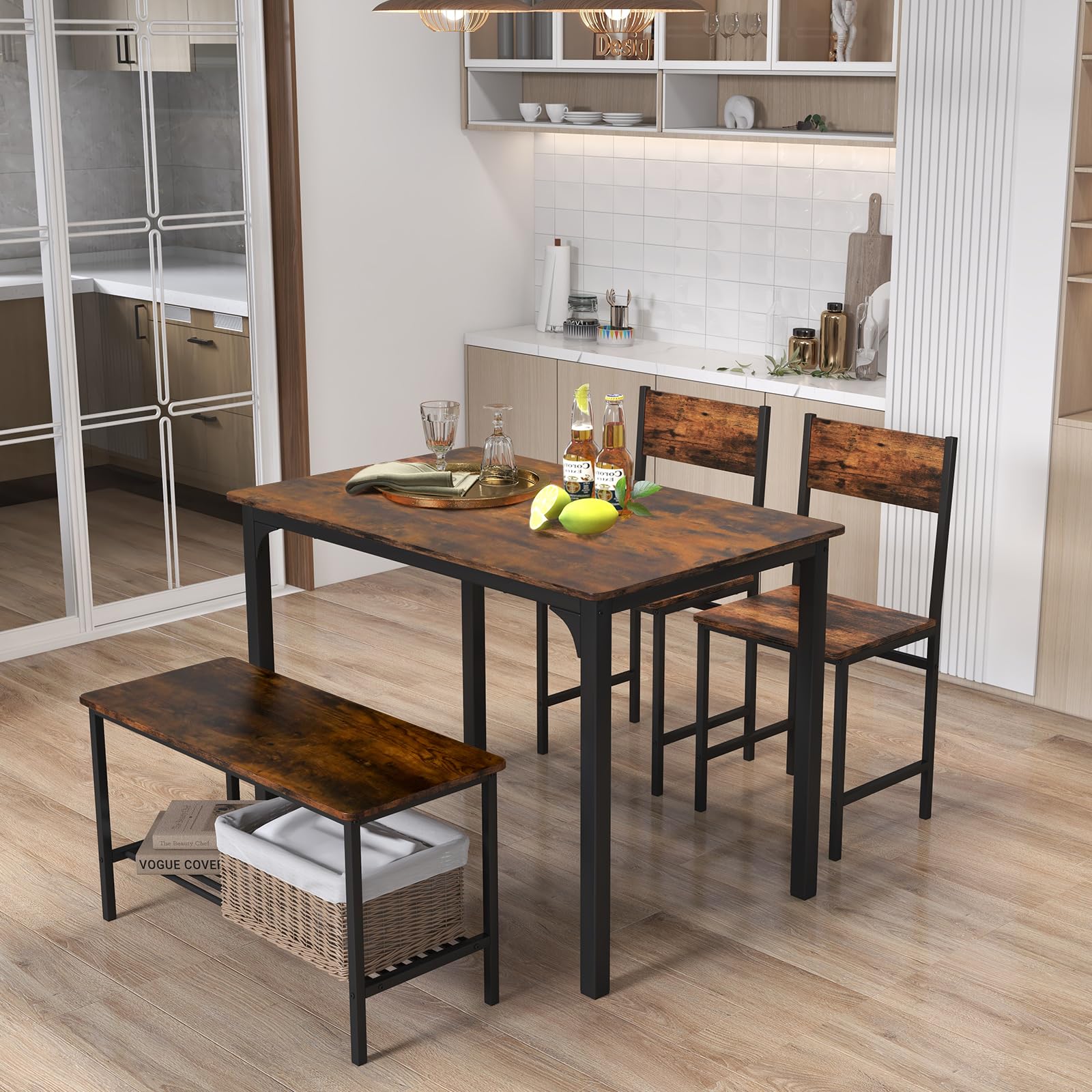 Dining Table Set for 4, Industrial Gathering Bench Dining Set W/Metal Frame & Storage Rack