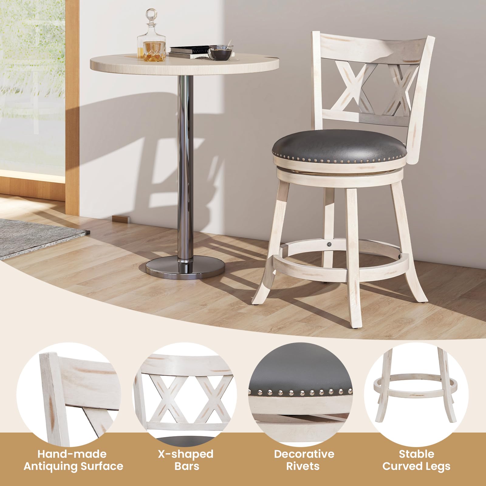 25.5" Bar Stools Set of 2/4, Swivel Counter Height Stools with Back, 20" Wide Padded Seat, Rubber Wood Frame