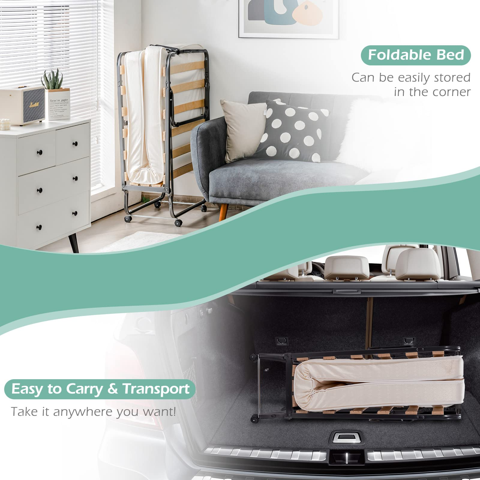 Folding Bed with 4 Inch Mattress, Storage Cover and Memory Foam Mattress