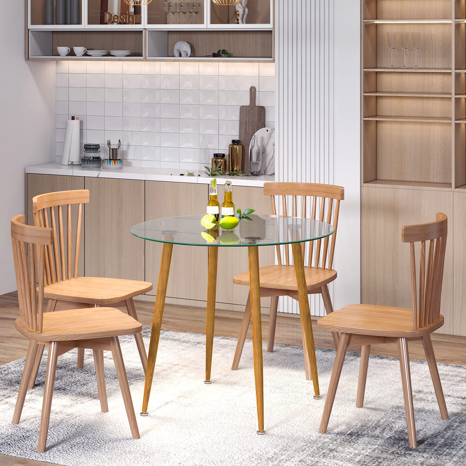 Round Glass Dining Table, 35.5" D x 30" H Kitchen Dinner Table w/Tempered Glass Tabletop & Metal Legs