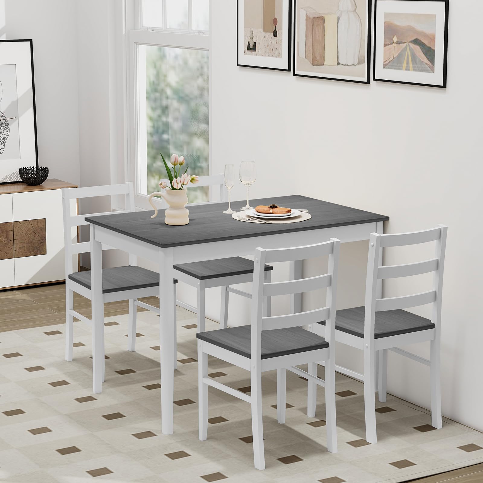 Dining Table Set for 4, Farmhouse Solid Wood Dining Set w/Rubber Wood Legs