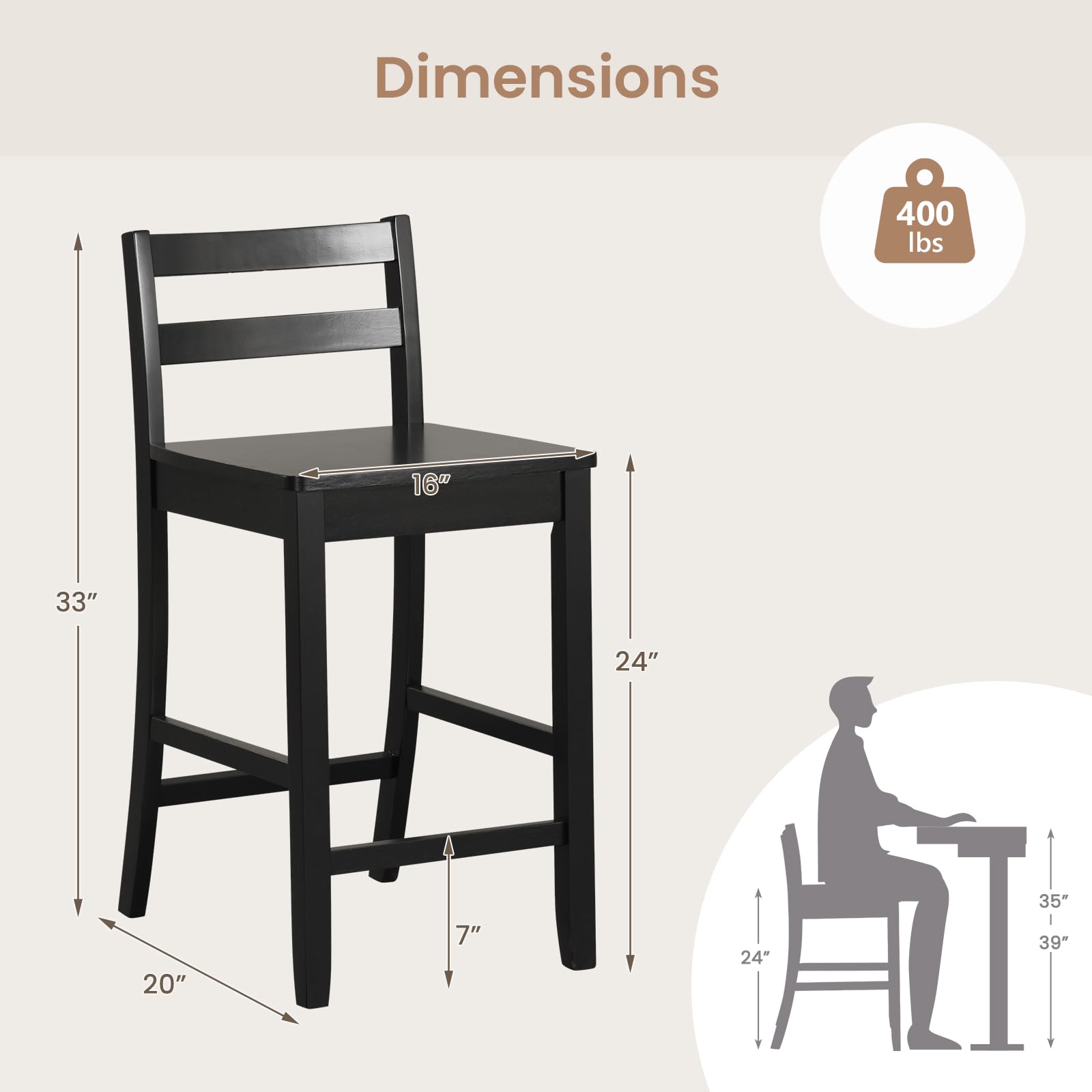 Wooden Bar Stools Set of 2/4, 24-Inch Counter Height Stools with Ergonomic Backrest & Footrest