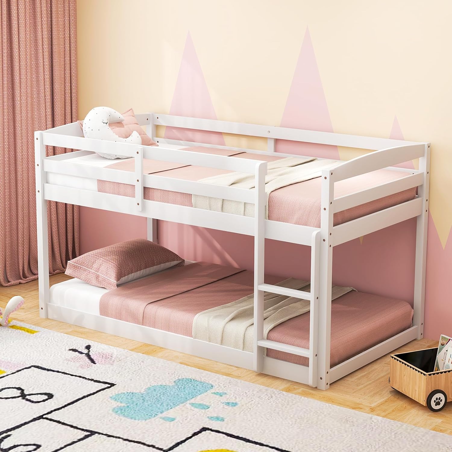 Twin Over Twin Solid Wood Low Bunk Bed with Full Guardrails & Integrated Ladder