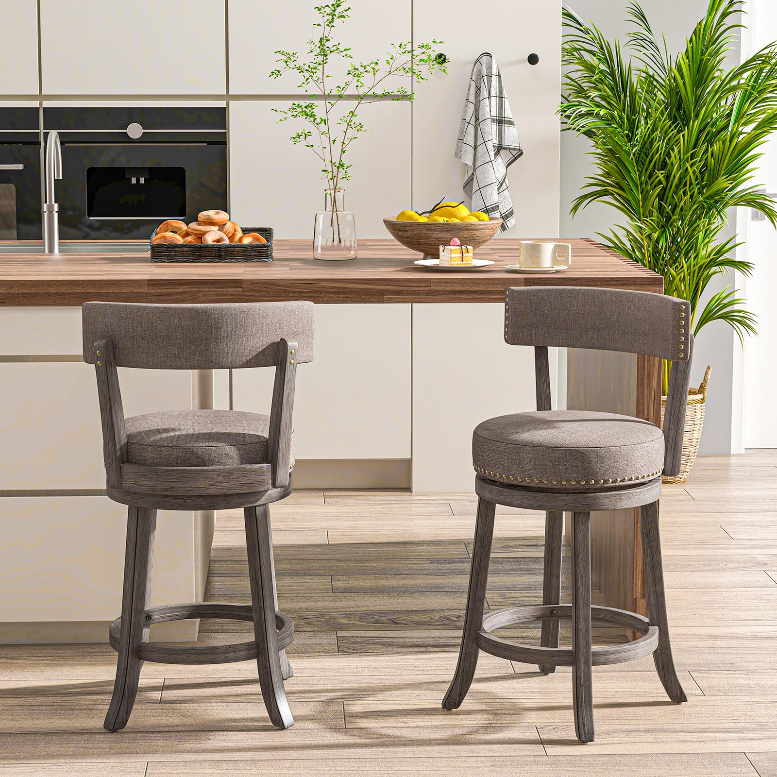 Swivel Counter Height Bar Stools Set of 2/4 with Footrest, Rubber Wood Frame