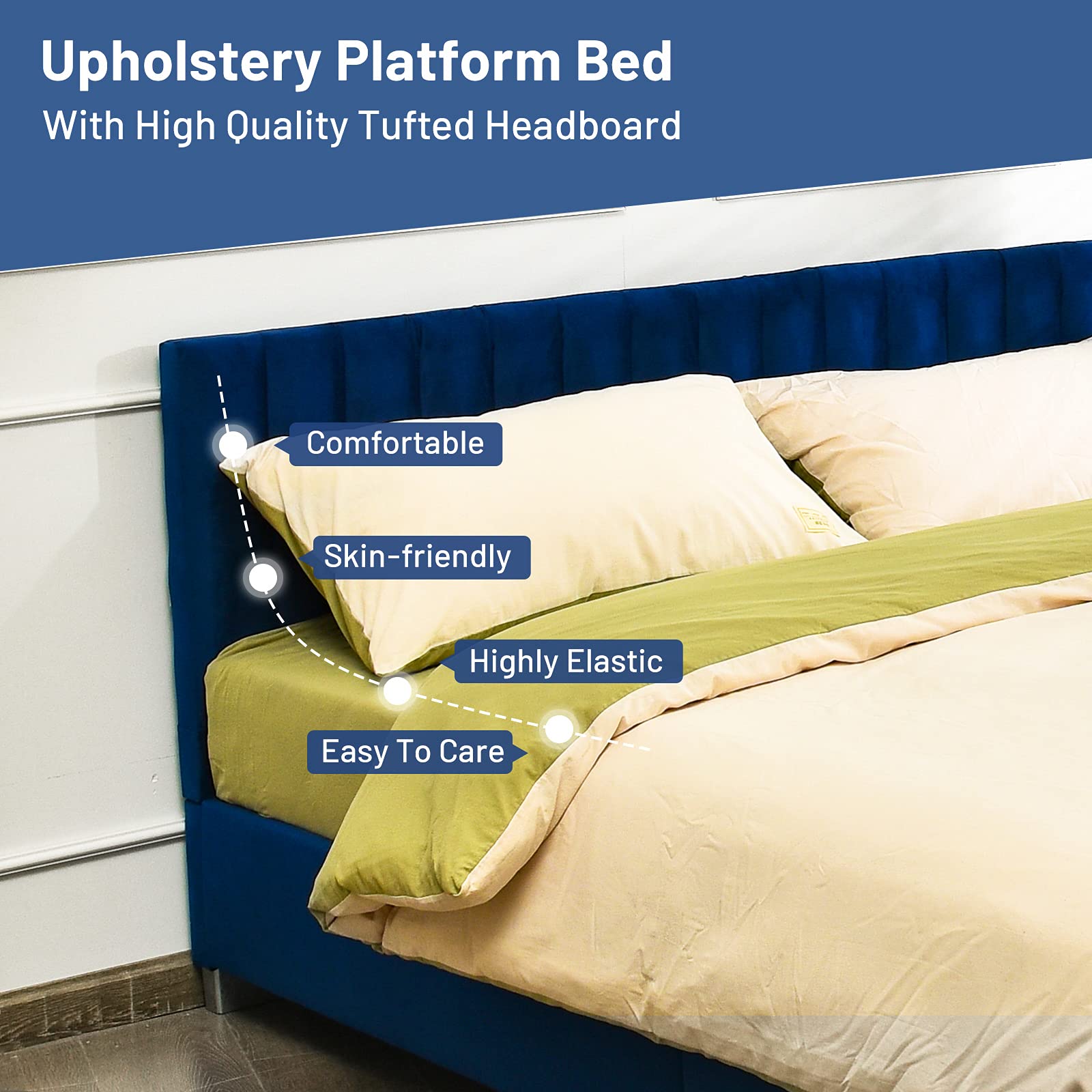 Upholstered Bed Frame with Headboard, Heavy Duty Wood Slats Support & Mattress Foundation