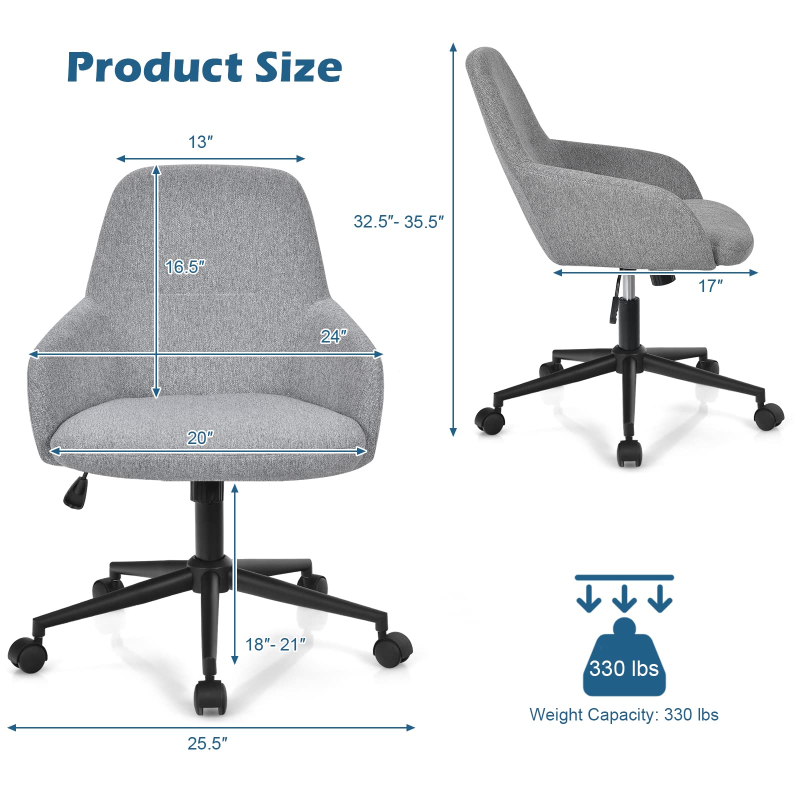 Fabric Office Chair, Upholstered Linen Leisure Chair, Ergonomic Desk Chair w/Rocking Backrest