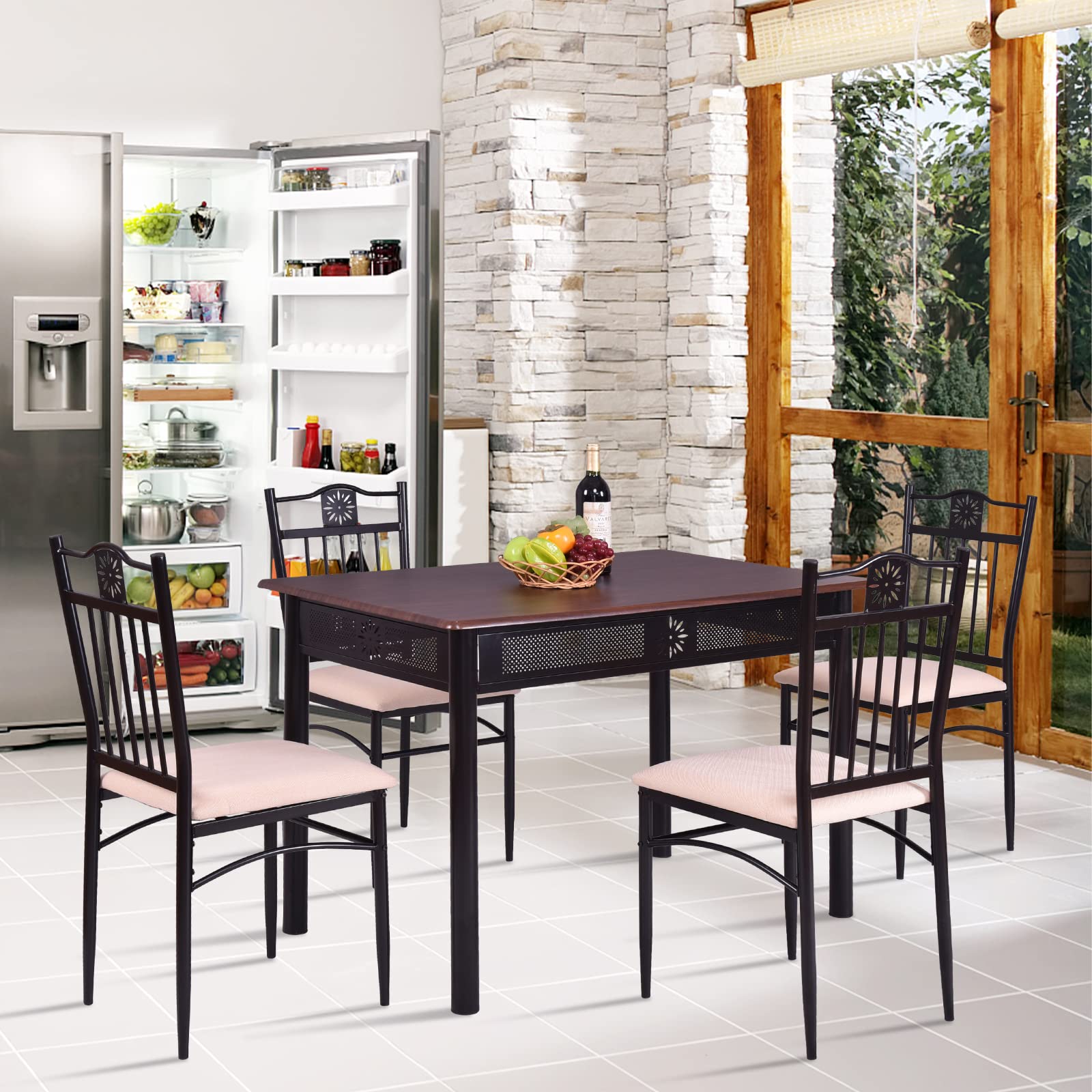5 Piece Dining Table and Chairs Set, Vintage Retro Wood Top Metal Frame Padded Seat