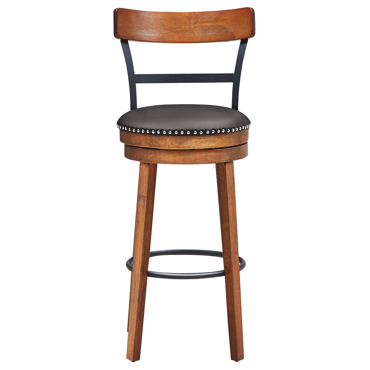 Bar Stools Set of 1/2/4, 360-Degree Swivel Stools with Leather Padded Seat, Single Slat Ladder Back & Solid Rubber Wood Legs