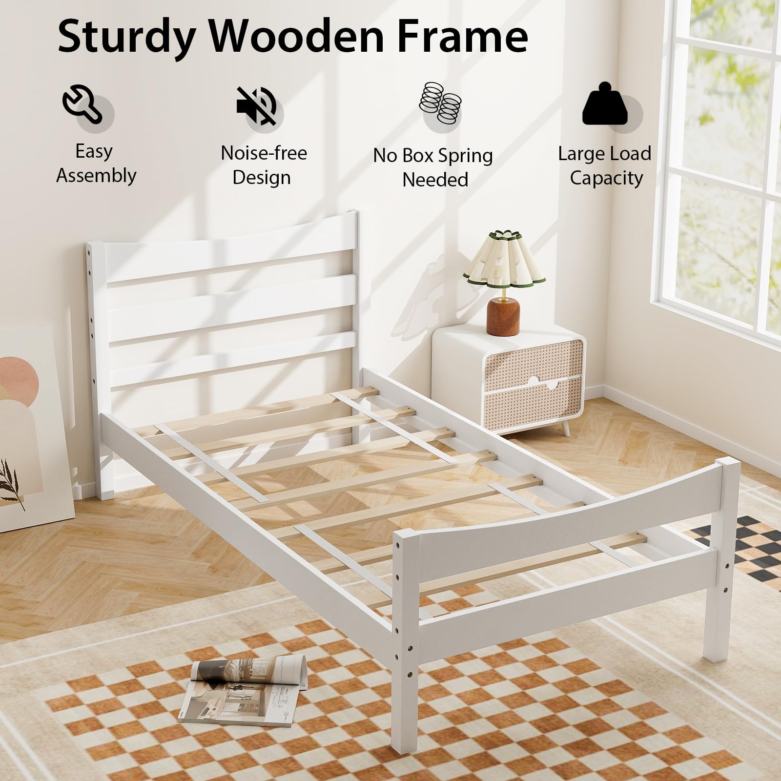 Twin Size Wood Bed Frame, Rustic Style Platform Bed w/Headboard & Footboard