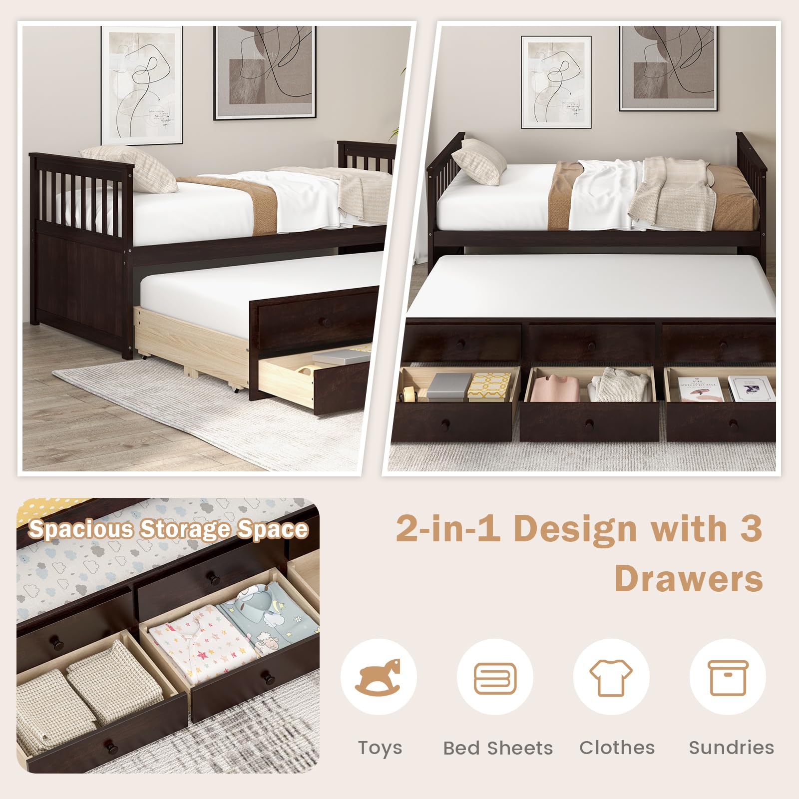 Twin Size Wooden Captain Daybed with Trundle and 3 Storage Drawers