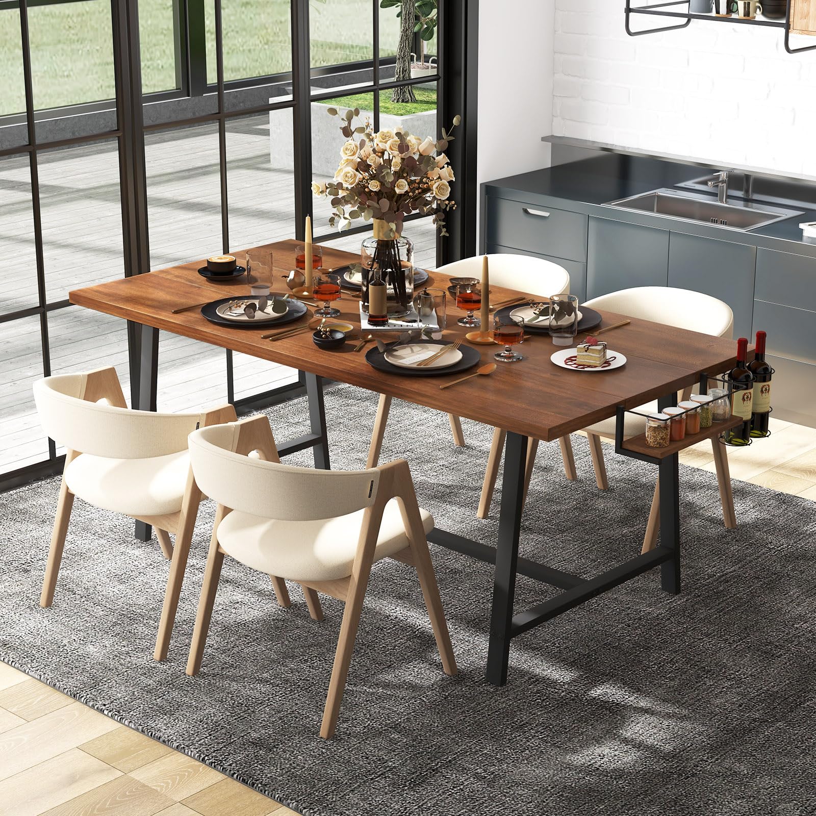 72-Inch Dining Table for 5-7, Rectangular Kitchen Table with 2-Bottle Wine Rack, Condiment Holder & Metal Footrest