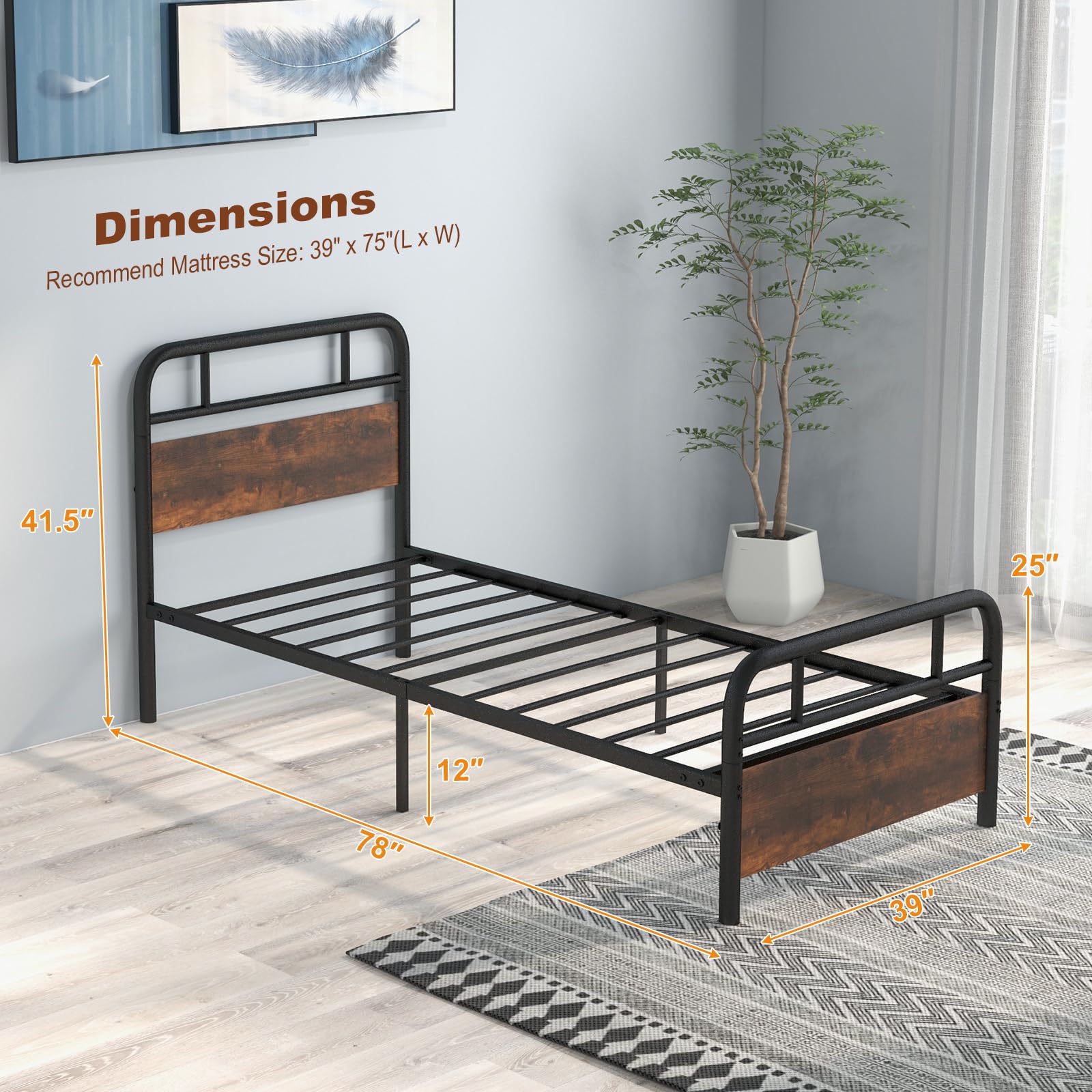 Industrial Metal Bed Frame with Wood Headboard and Footboard, Rustic Brown