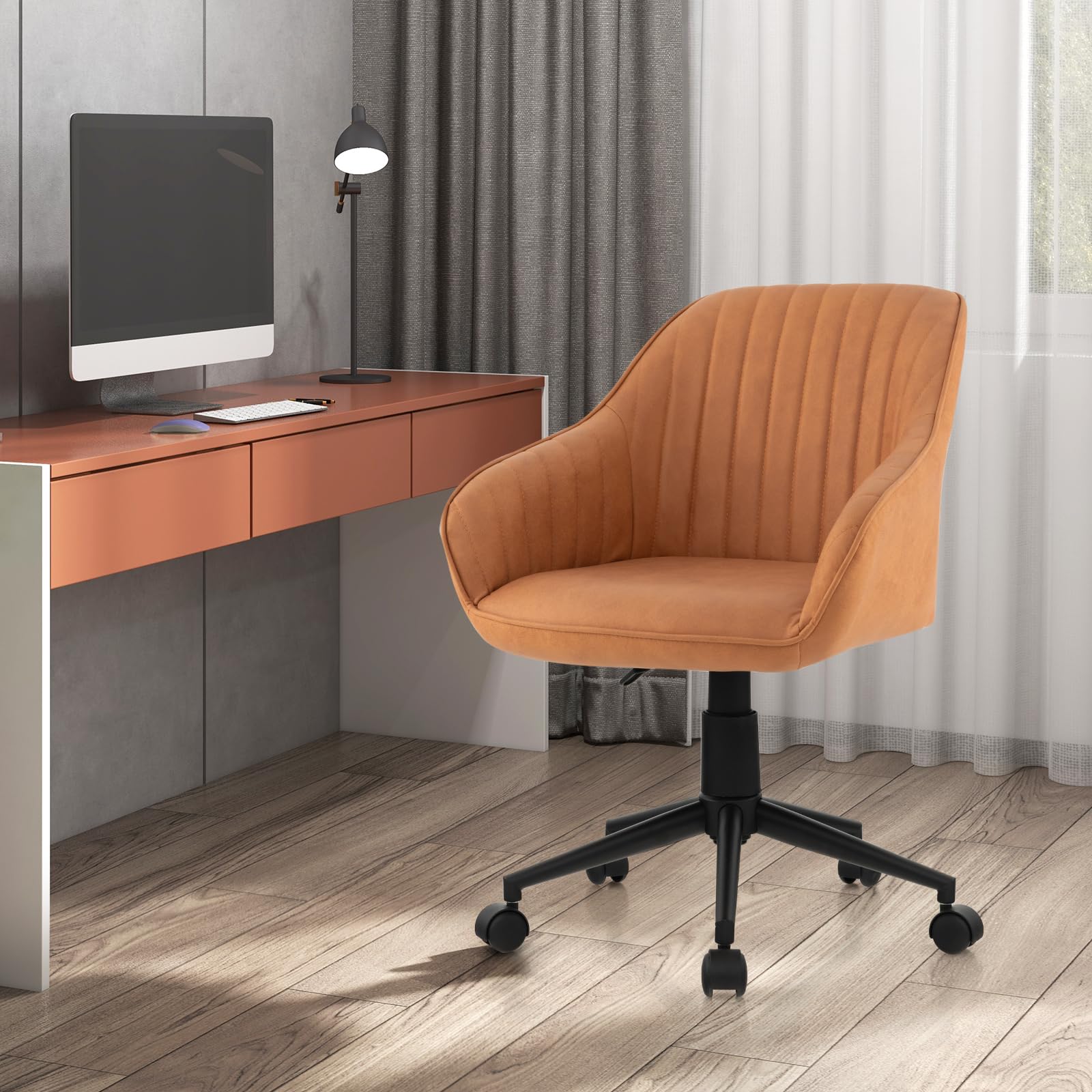 Leather Office Chair Brown, Mid Century Desk Chair with Wheels and Ergonomic Armrests