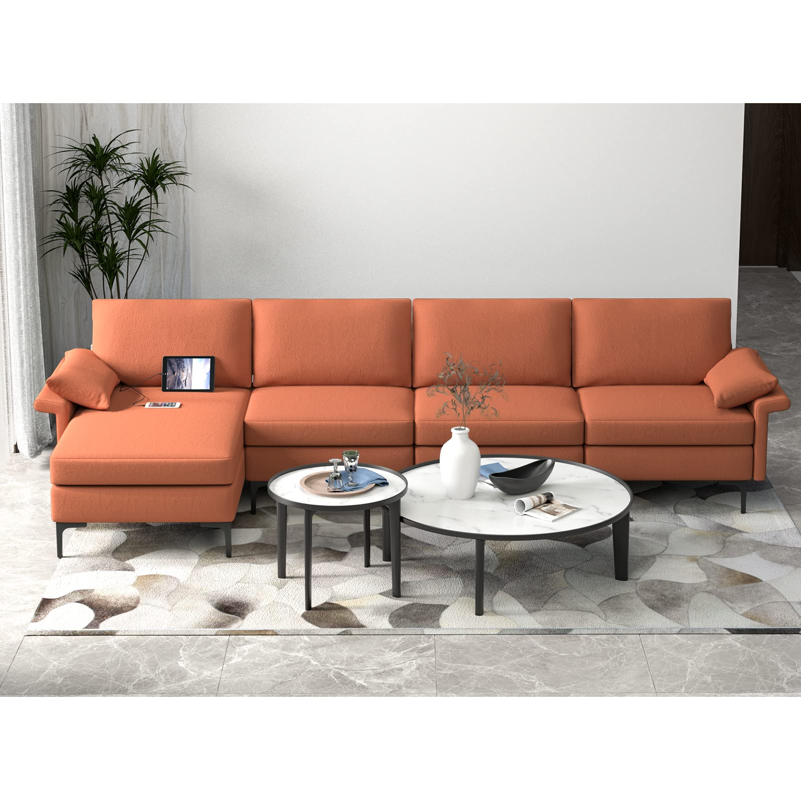 130.5 Inch Extra Large Convertible Sectional Sofa with Reversible Chaise Lounge, 3-Hole Outlets & 4 USB Ports