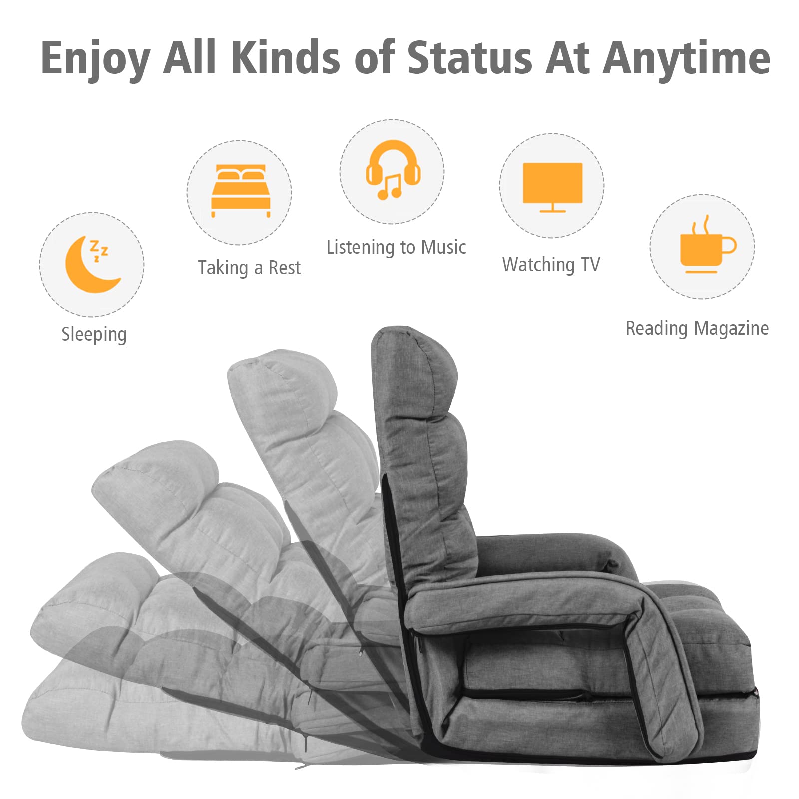 Adjustable Floor Chair, Folding Lazy Sofa Chair with 5 Positions, Detachable Seat Cushion