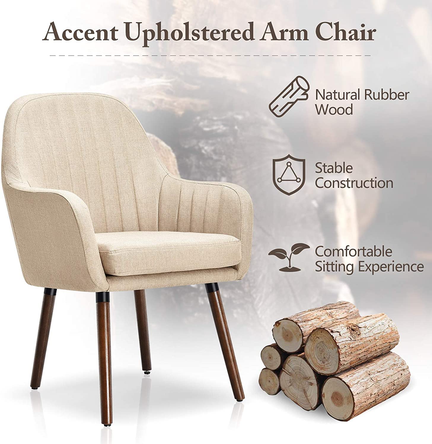 Set of 2/4 Fabric Dining Chairs, Accent Upholstered Arm Chair w/Wood Legs