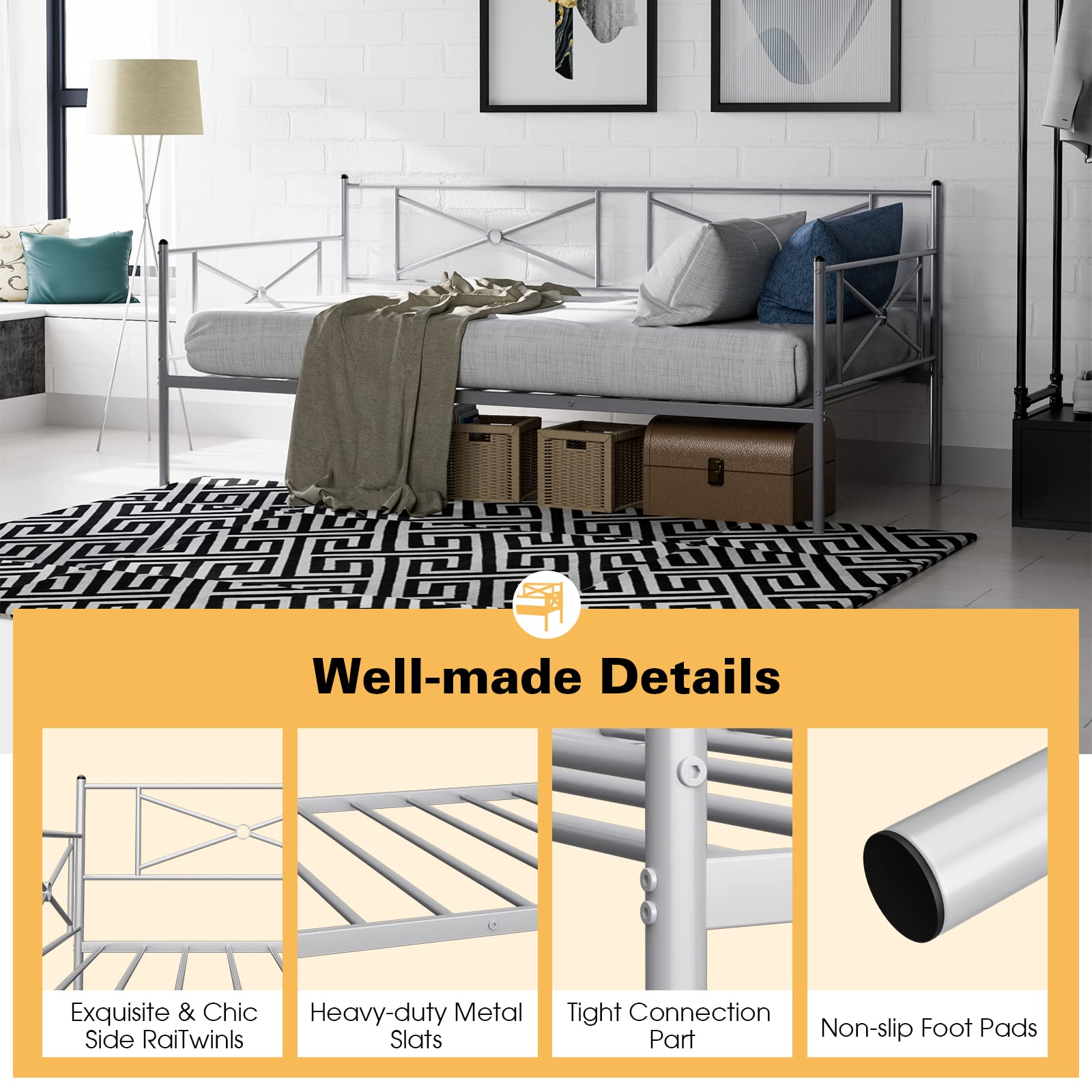 Twin Size Metal Daybed, Multifunctional Sofa Guest Bed with Headboard