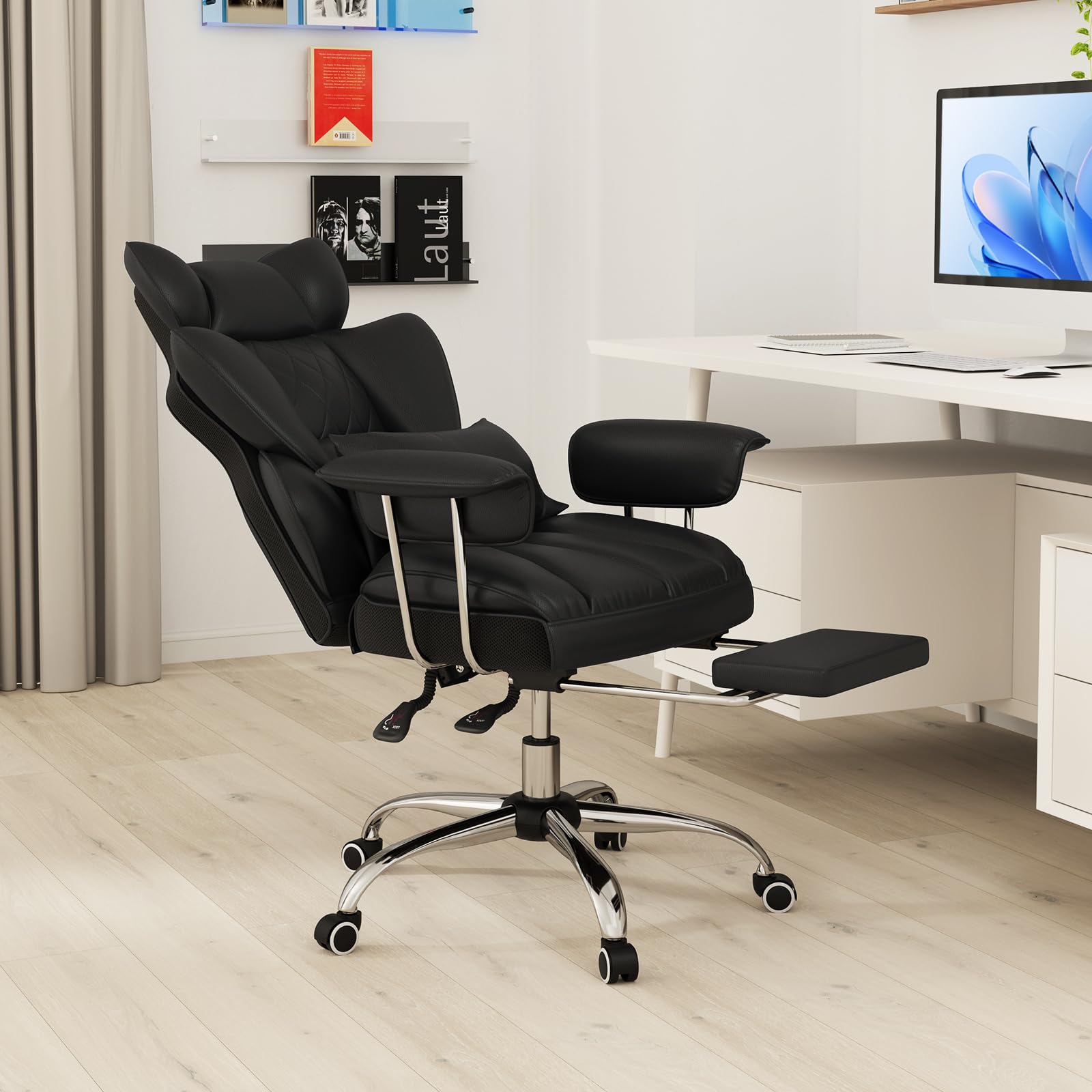 400 LBS Big and Tall Office Chair, PU Leather Executive Desk Chair w/Retractable Footrest