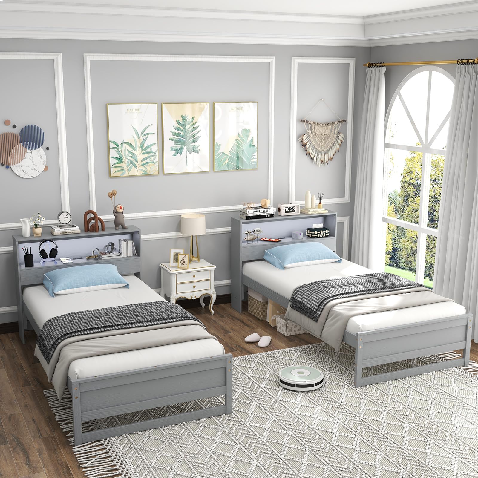 Twin Size Wood Platform Bed Frame with Charging Station & LED Light